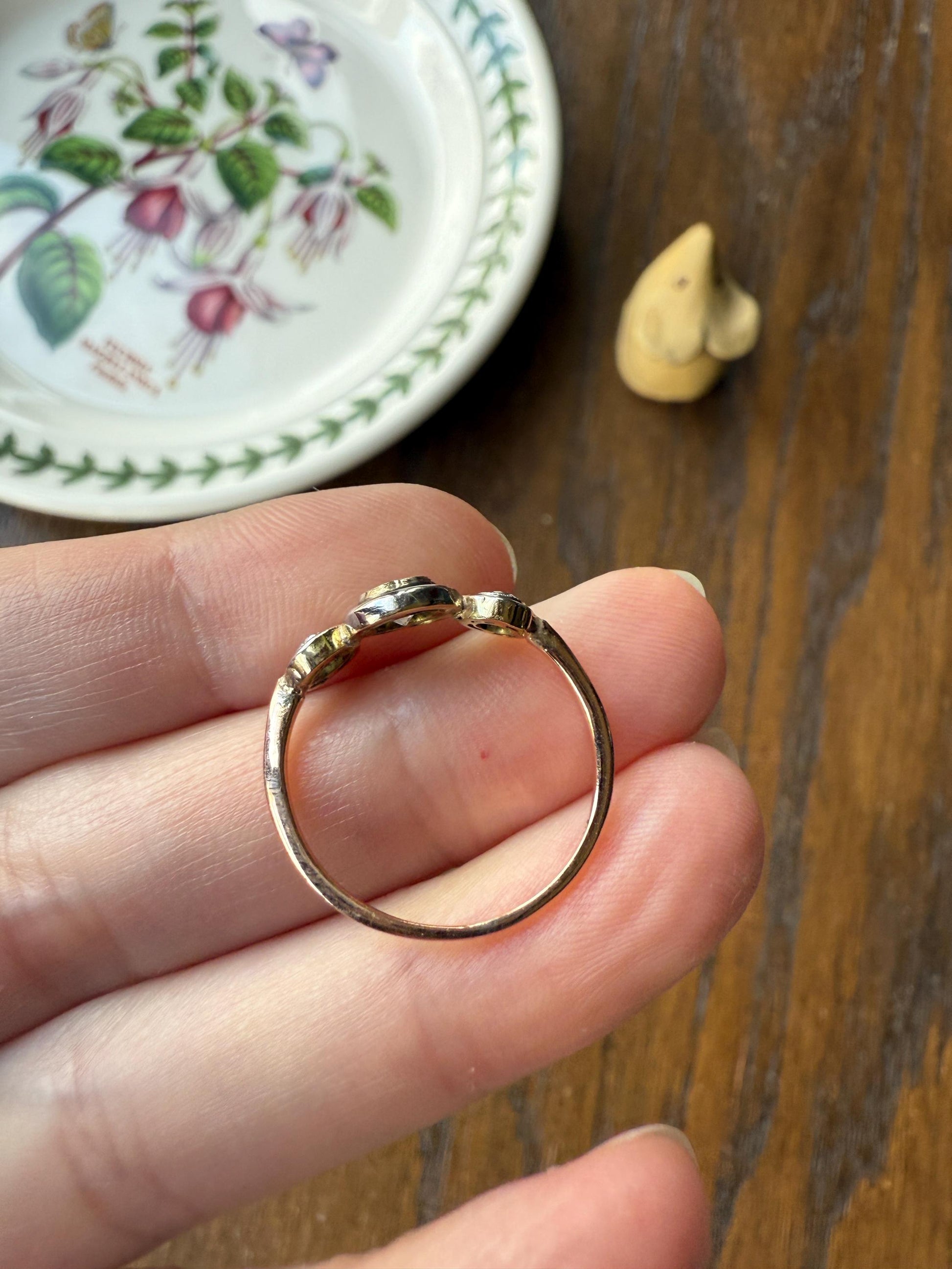 Unique Antique Crown Tiara Ring Bezel Set Three Stone Old Mine & European Cut Diamond Band with Halos 18k Gold Stacker Bullseye Target