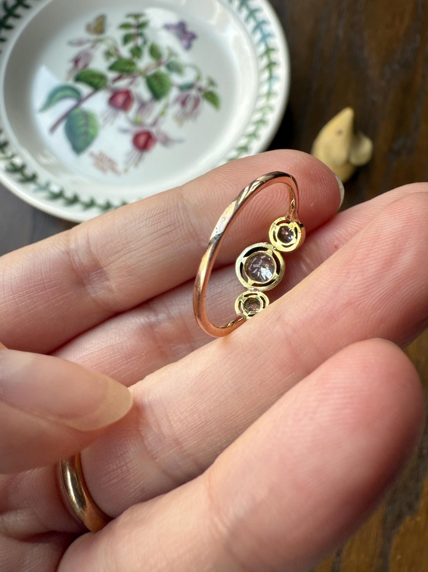 Unique Antique Crown Tiara Ring Bezel Set Three Stone Old Mine & European Cut Diamond Band with Halos 18k Gold Stacker Bullseye Target