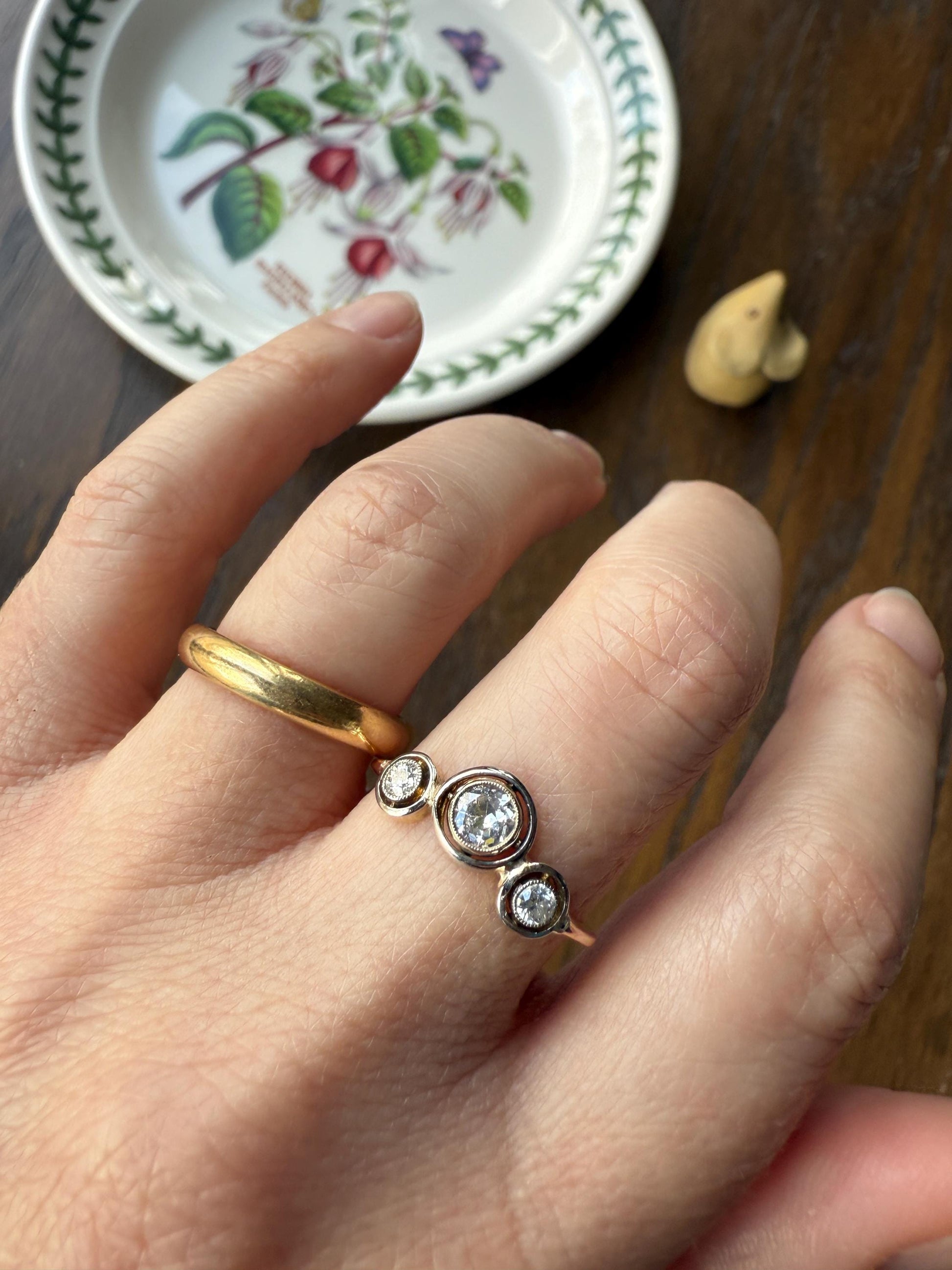 Unique Antique Crown Tiara Ring Bezel Set Three Stone Old Mine & European Cut Diamond Band with Halos 18k Gold Stacker Bullseye Target