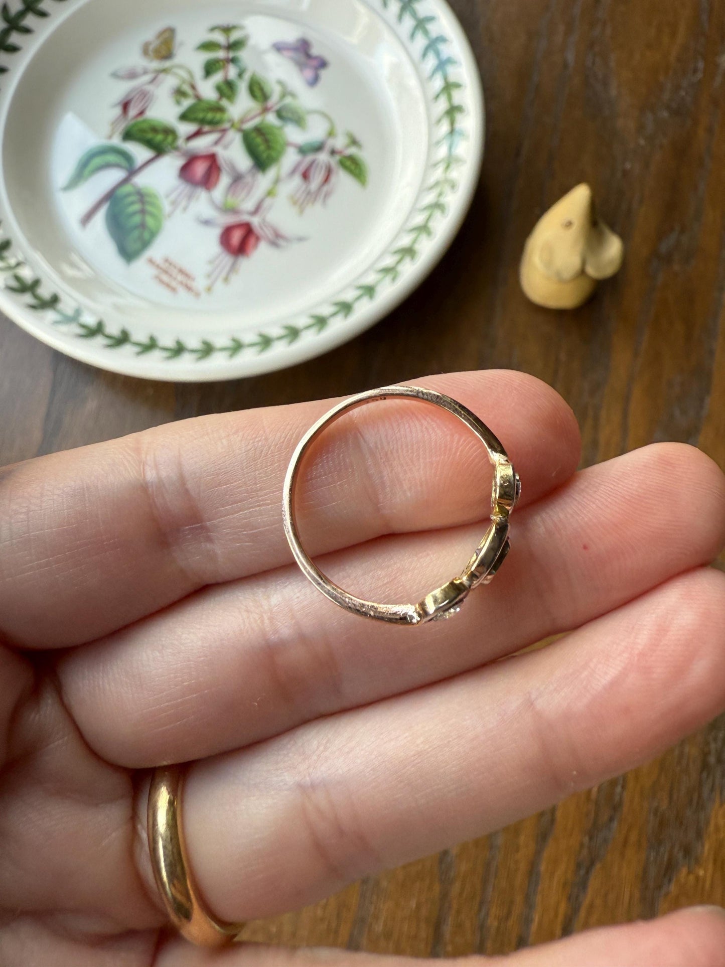 Unique Antique Crown Tiara Ring Bezel Set Three Stone Old Mine & European Cut Diamond Band with Halos 18k Gold Stacker Bullseye Target