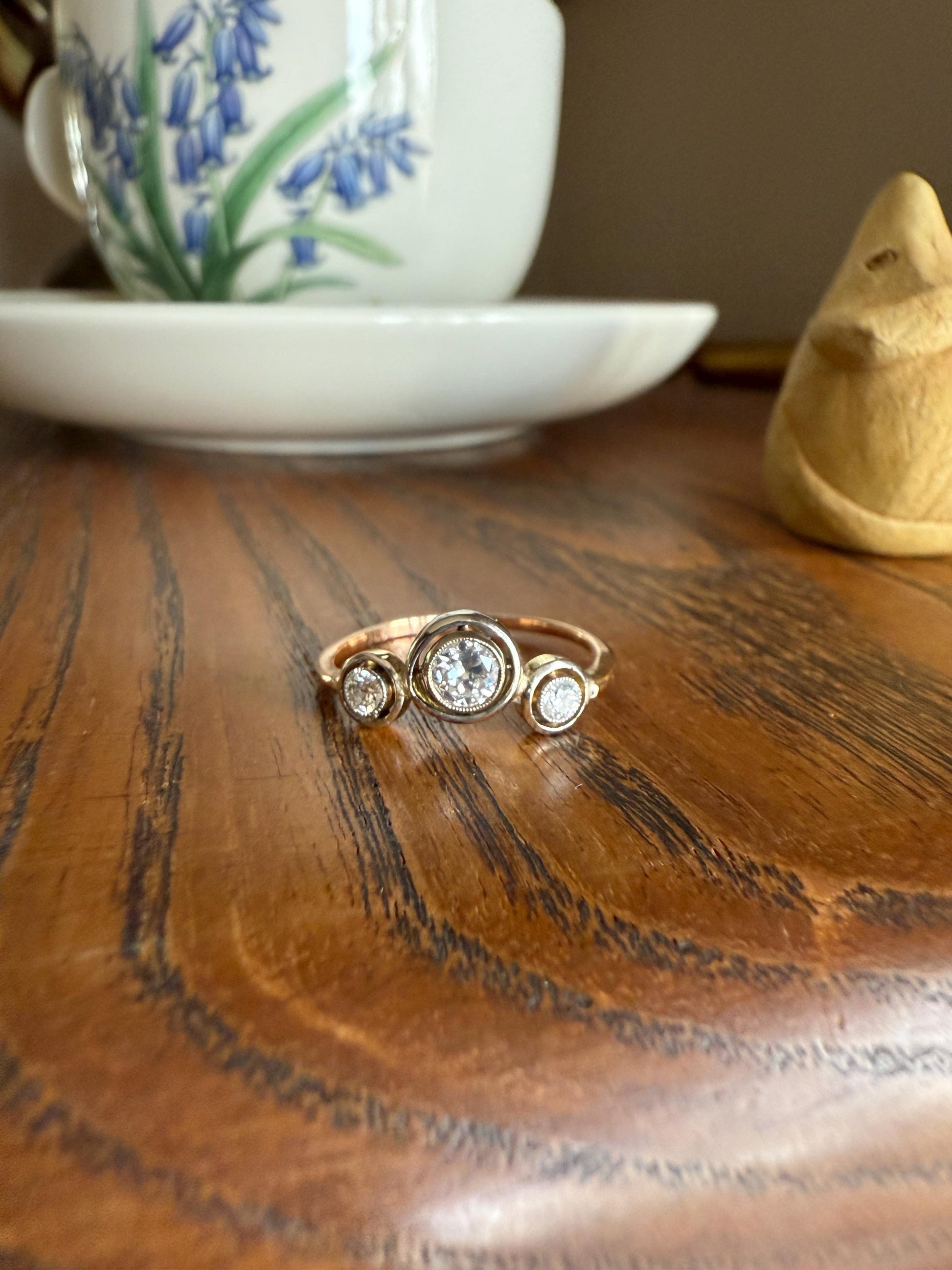 Unique Antique Crown Tiara Ring Bezel Set Three Stone Old Mine & European Cut Diamond Band with Halos 18k Gold Stacker Bullseye Target