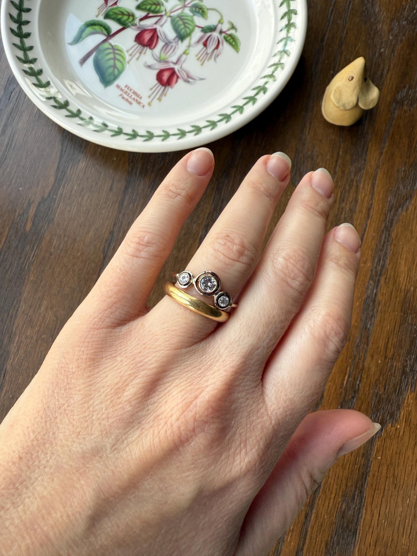 Unique Antique Crown Tiara Ring Bezel Set Three Stone Old Mine & European Cut Diamond Band with Halos 18k Gold Stacker Bullseye Target