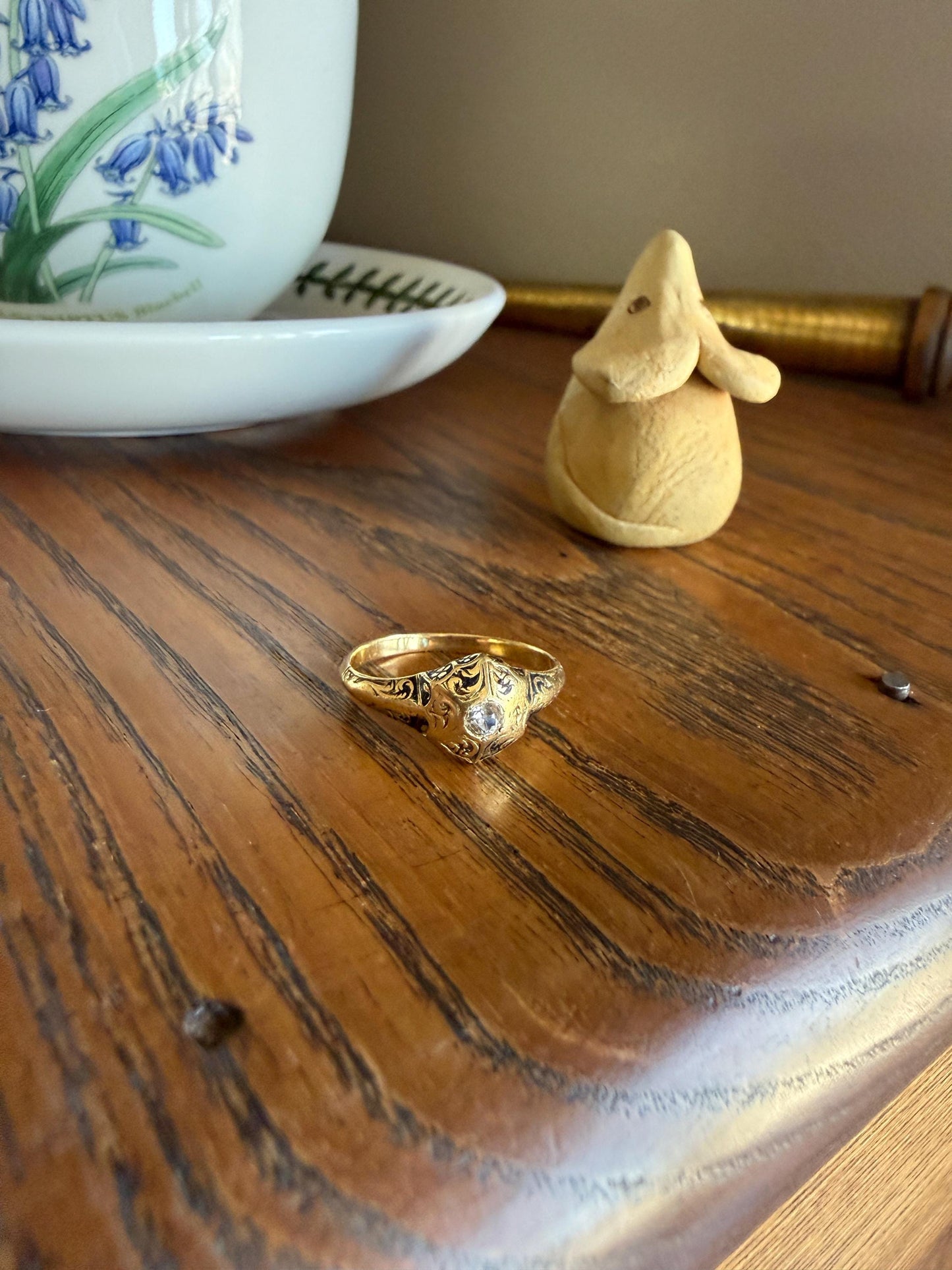Ornate Floral Hexagon Starburst Old Mine Cut Diamond 18k Gold Ring Domed Floral Black Enamel Victorian Pavilion Band