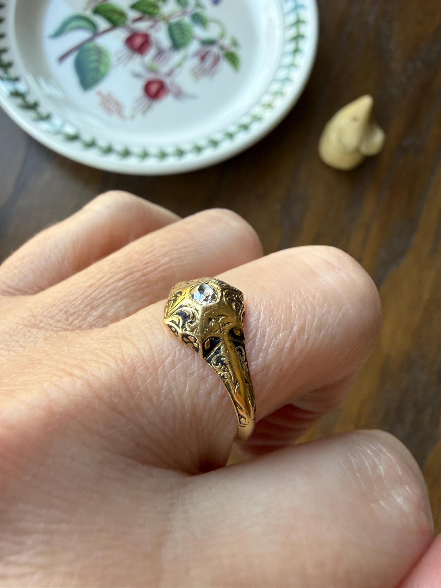 Ornate Floral Hexagon Starburst Old Mine Cut Diamond 18k Gold Ring Domed Floral Black Enamel Victorian Pavilion Band