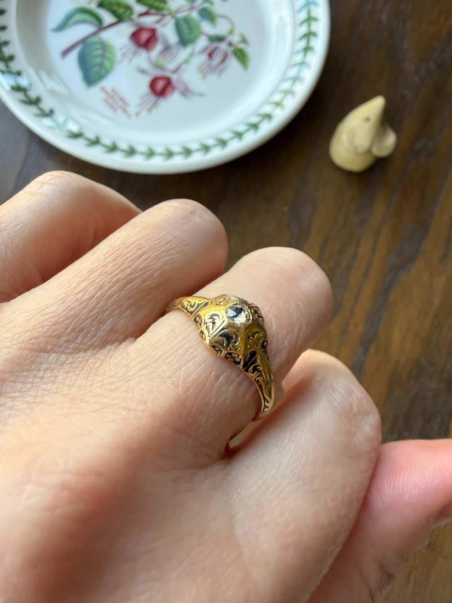 Ornate Floral Hexagon Starburst Old Mine Cut Diamond 18k Gold Ring Domed Floral Black Enamel Victorian Pavilion Band