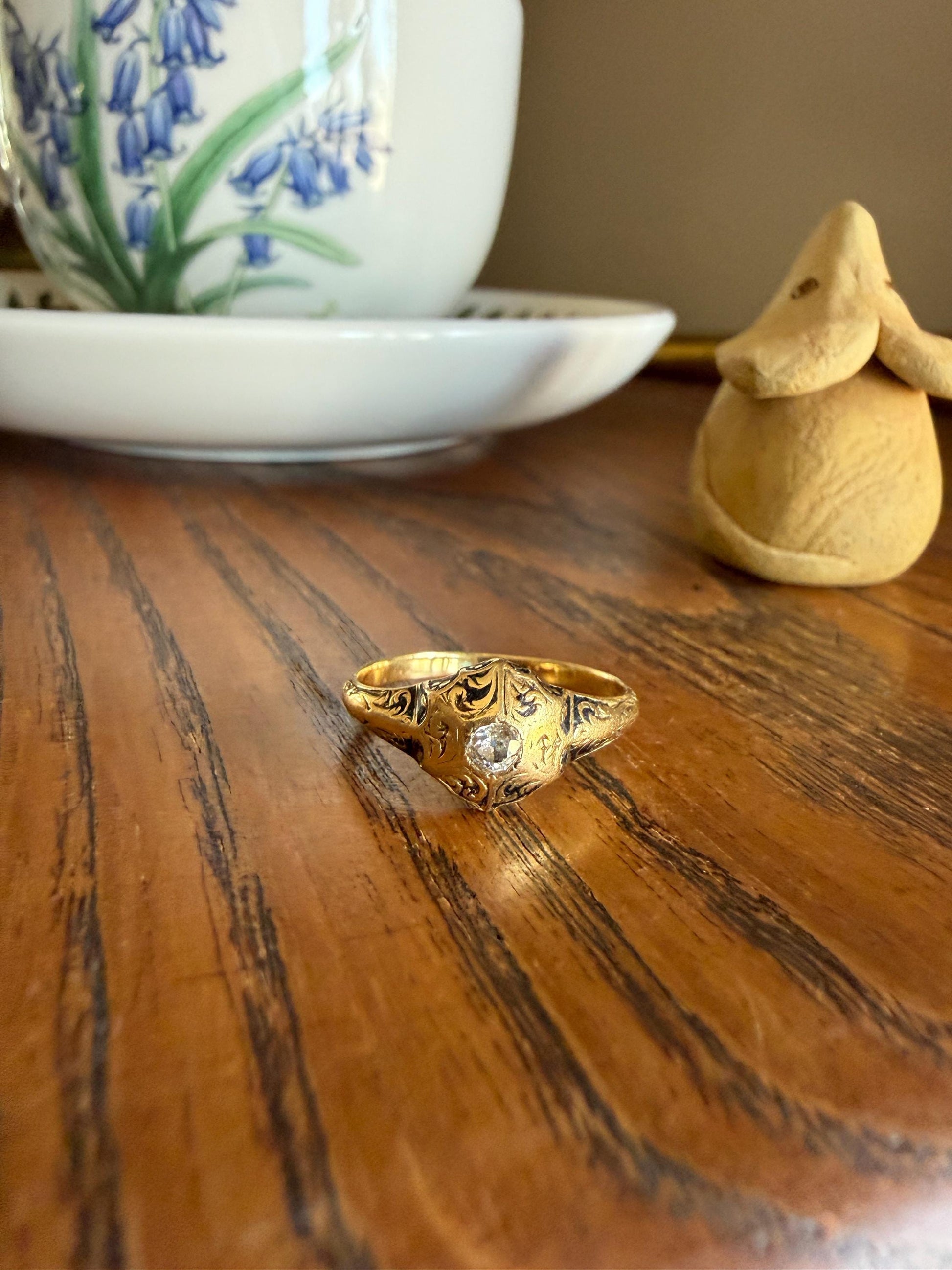 Ornate Floral Hexagon Starburst Old Mine Cut Diamond 18k Gold Ring Domed Floral Black Enamel Victorian Pavilion Band