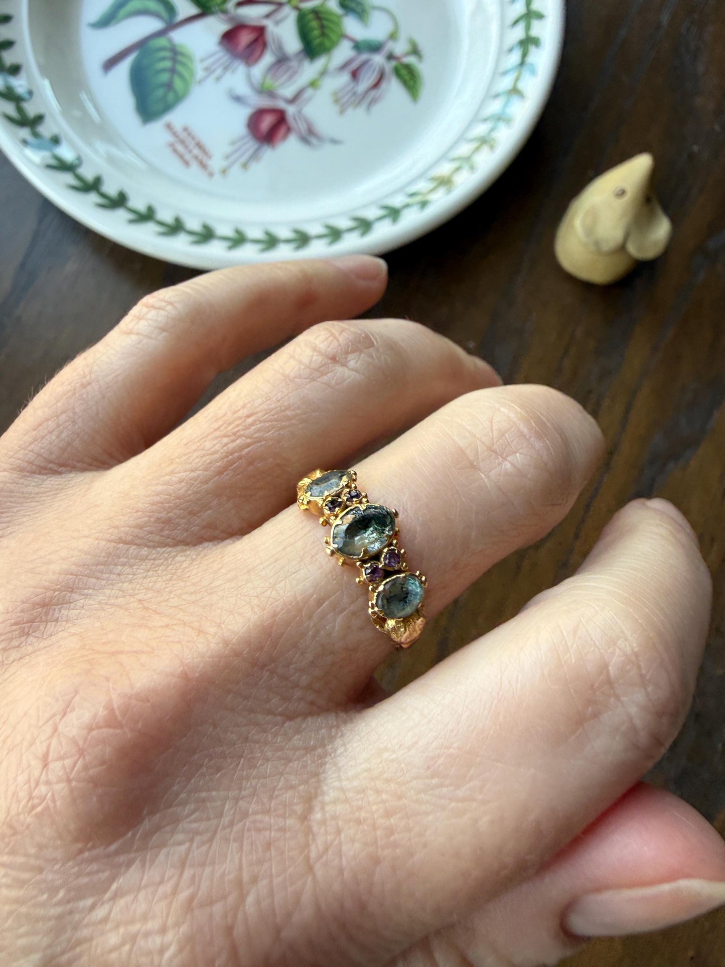 Antique Mossy Seafoam Blue Green Three Stone Georgian Era Ring with Ruby Spacers 18k Gold Solid 360 Engraved Shank Ball Rivet Halos