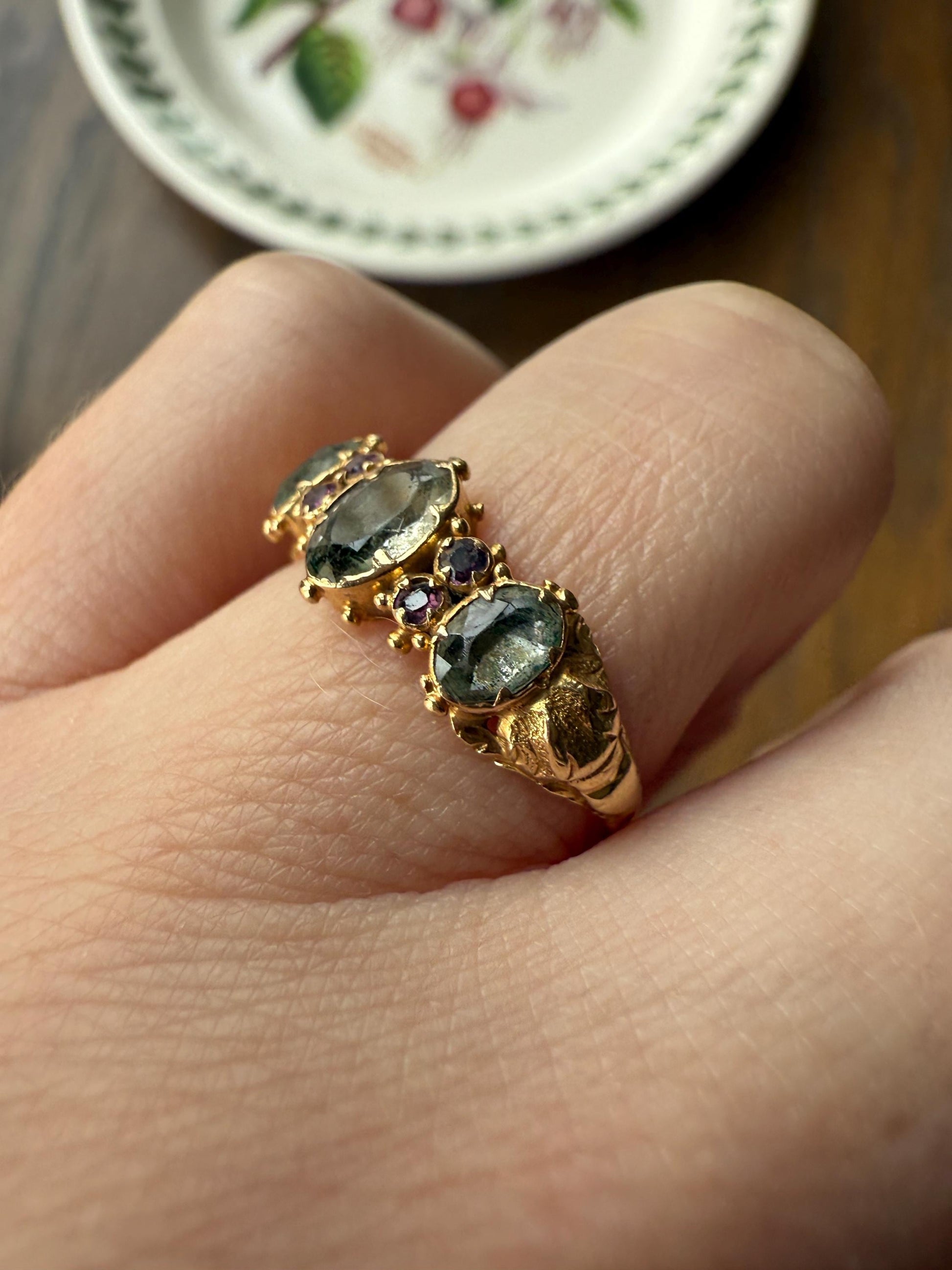 Antique Mossy Seafoam Blue Green Three Stone Georgian Era Ring with Ruby Spacers 18k Gold Solid 360 Engraved Shank Ball Rivet Halos