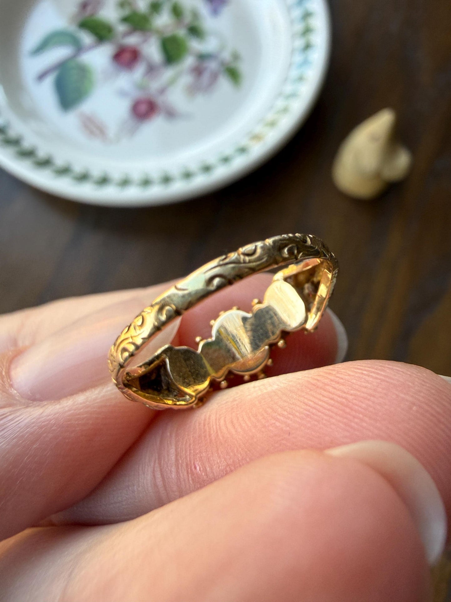 Antique Mossy Seafoam Blue Green Three Stone Georgian Era Ring with Ruby Spacers 18k Gold Solid 360 Engraved Shank Ball Rivet Halos