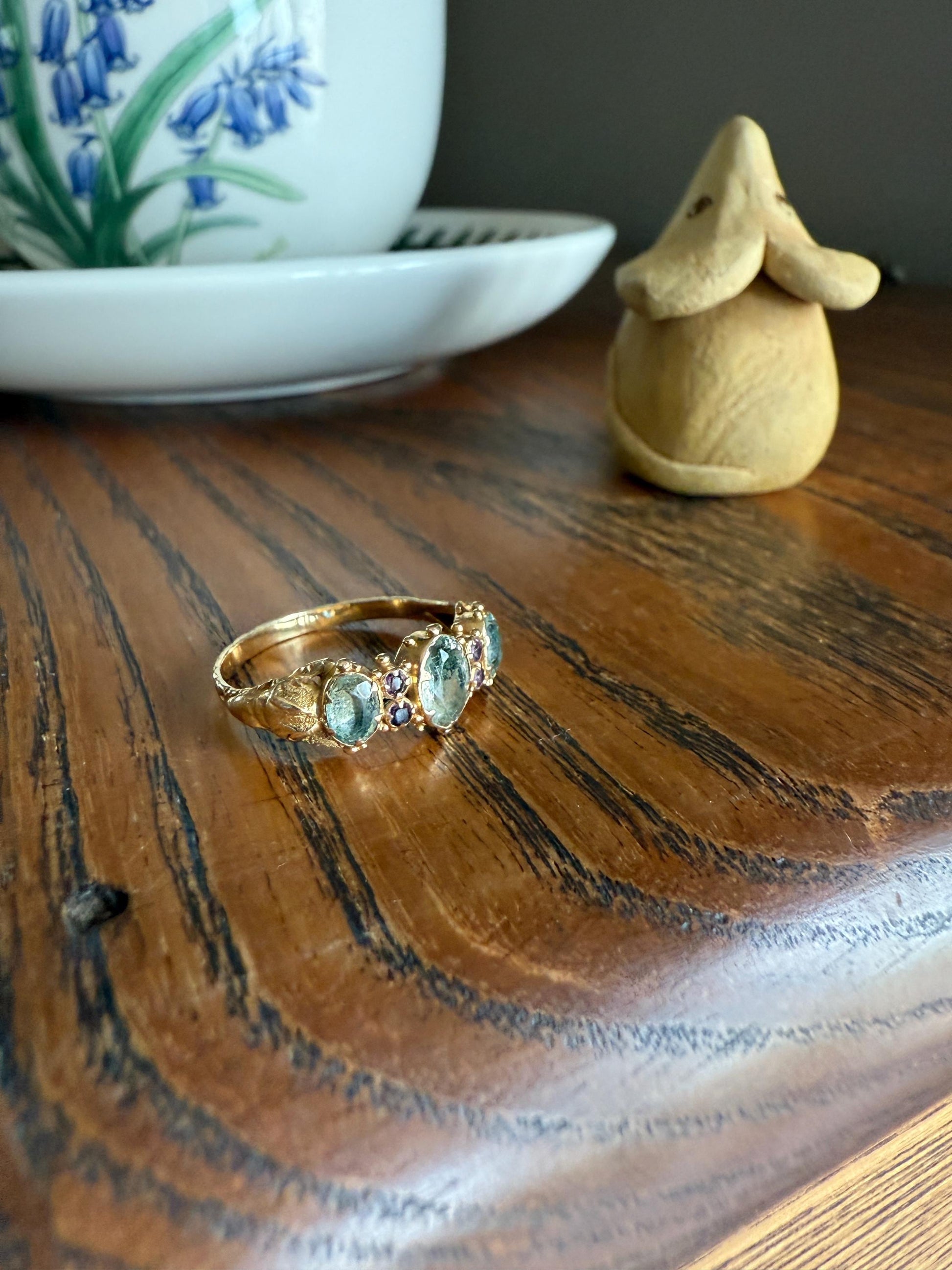 Antique Mossy Seafoam Blue Green Three Stone Georgian Era Ring with Ruby Spacers 18k Gold Solid 360 Engraved Shank Ball Rivet Halos