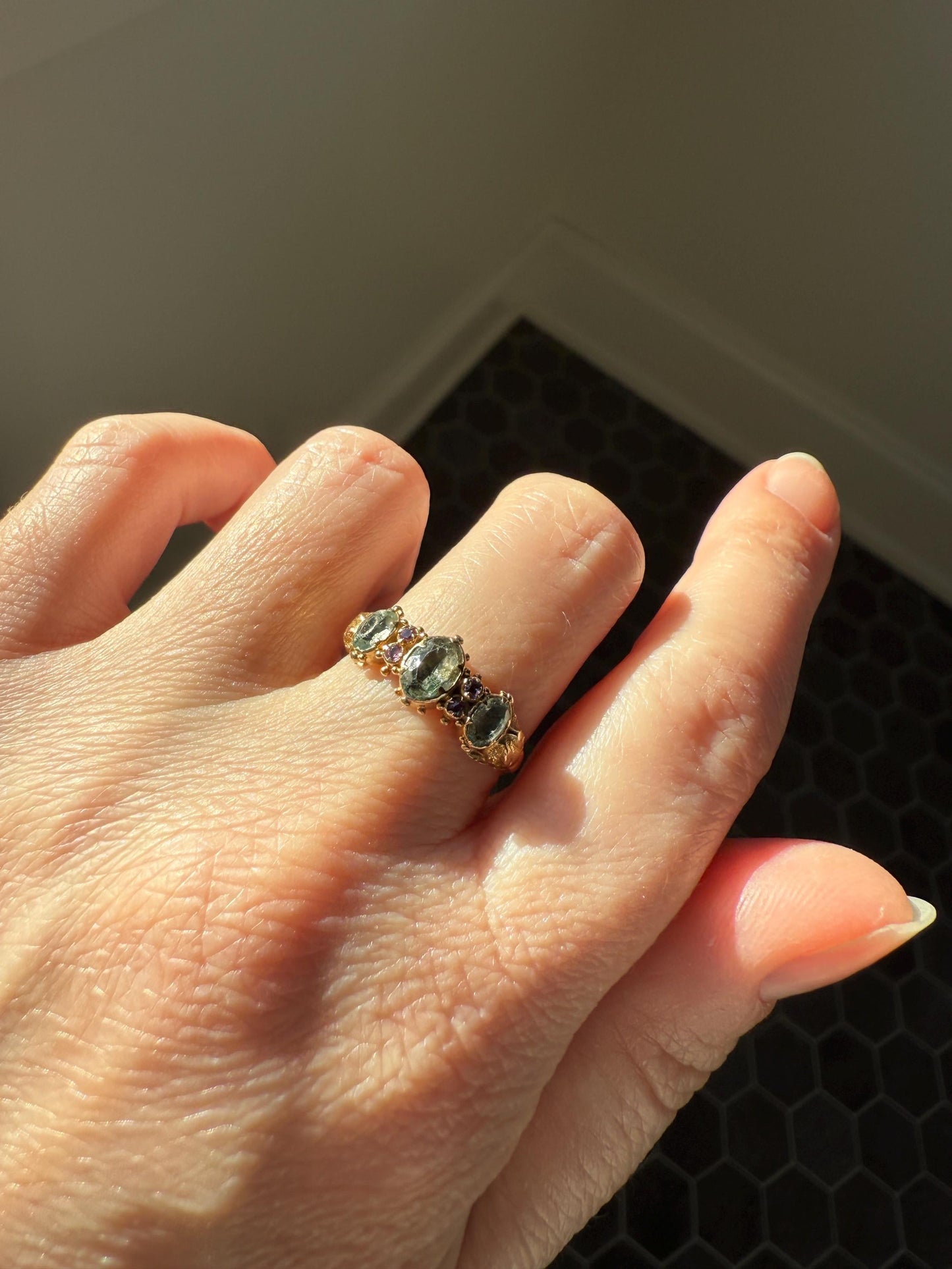 Antique Mossy Seafoam Blue Green Three Stone Georgian Era Ring with Ruby Spacers 18k Gold Solid 360 Engraved Shank Ball Rivet Halos