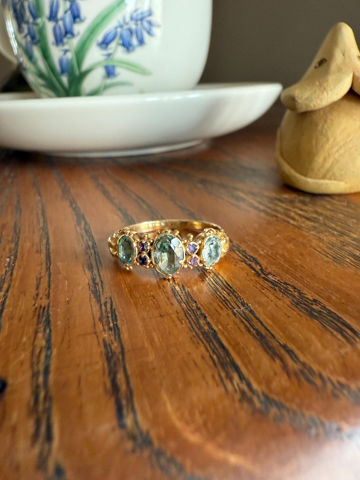 Antique Mossy Seafoam Blue Green Three Stone Georgian Era Ring with Ruby Spacers 18k Gold Solid 360 Engraved Shank Ball Rivet Halos