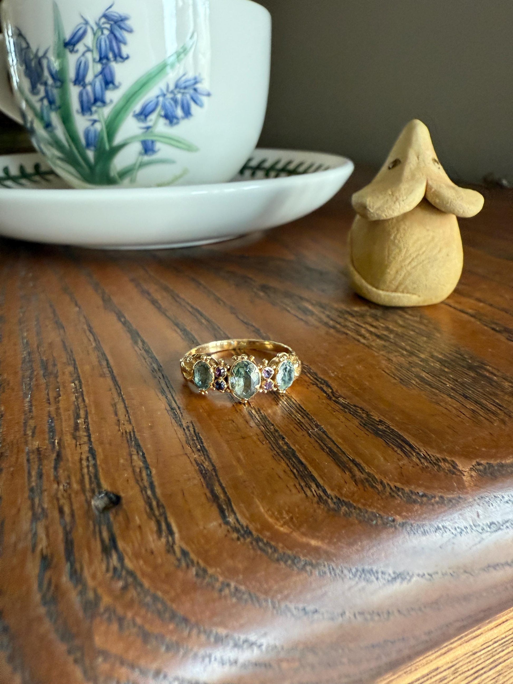 Antique Mossy Seafoam Blue Green Three Stone Georgian Era Ring with Ruby Spacers 18k Gold Solid 360 Engraved Shank Ball Rivet Halos
