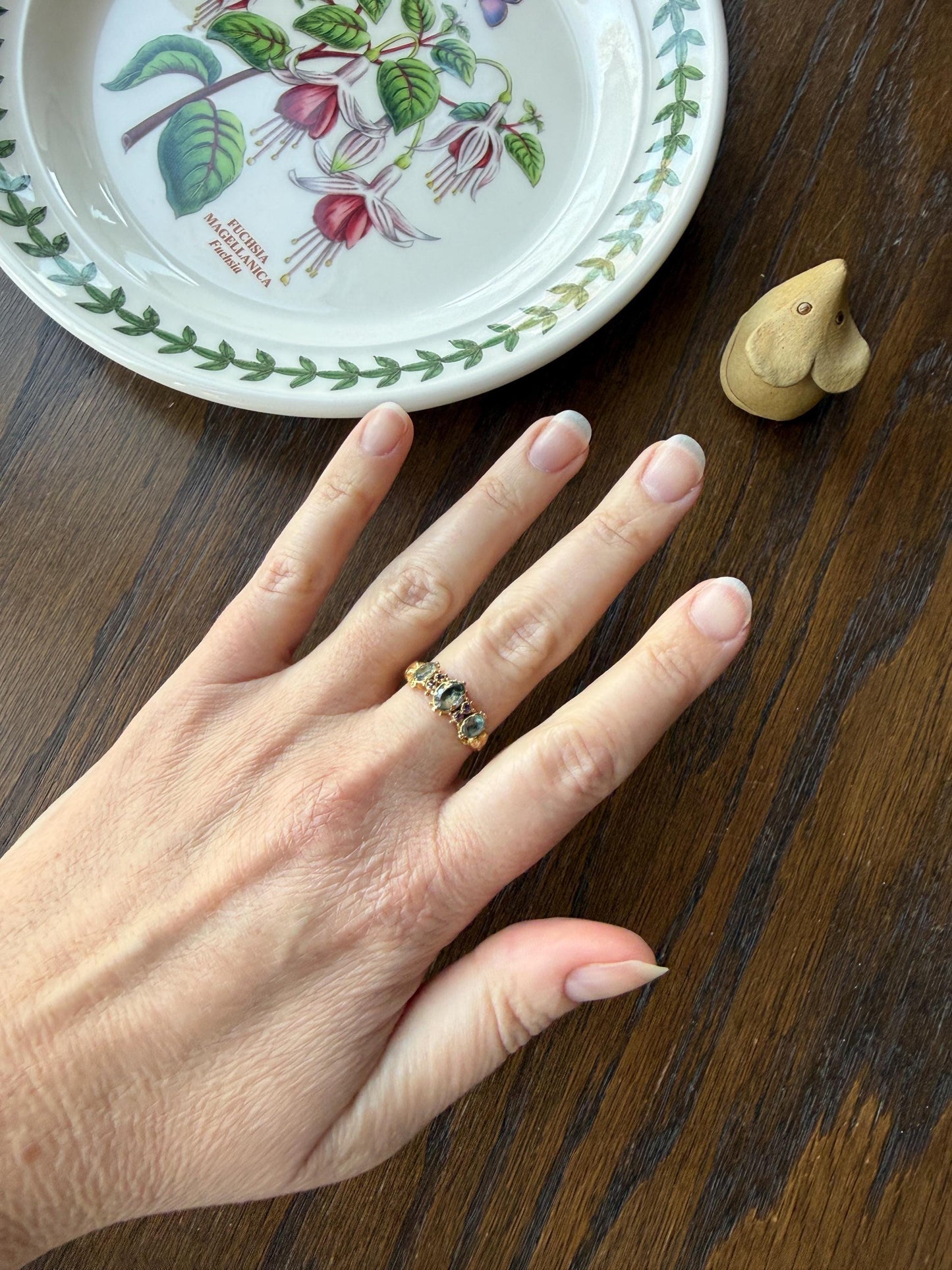 Antique Mossy Seafoam Blue Green Three Stone Georgian Era Ring with Ruby Spacers 18k Gold Solid 360 Engraved Shank Ball Rivet Halos