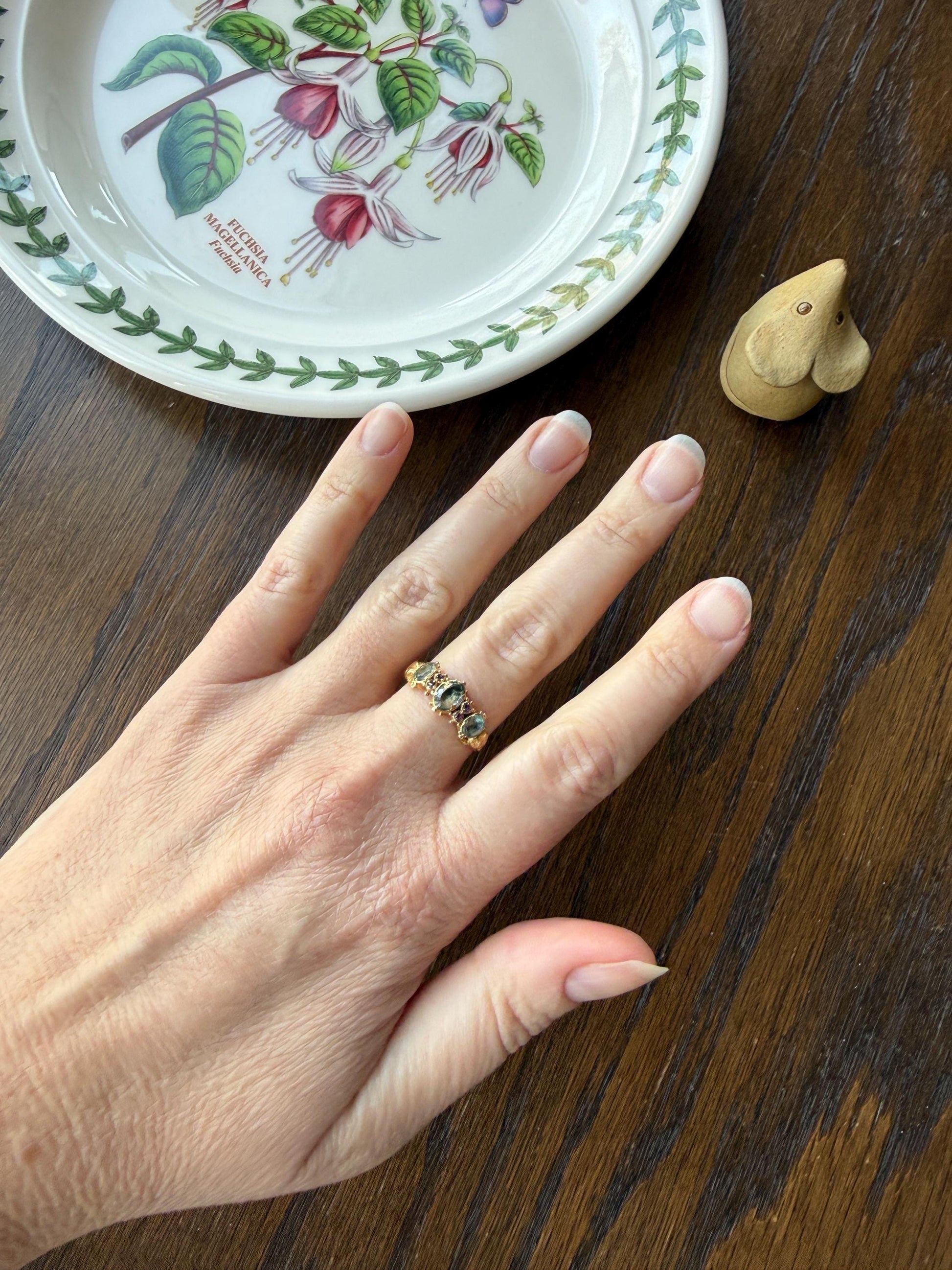 Antique Mossy Seafoam Blue Green Three Stone Georgian Era Ring with Ruby Spacers 18k Gold Solid 360 Engraved Shank Ball Rivet Halos