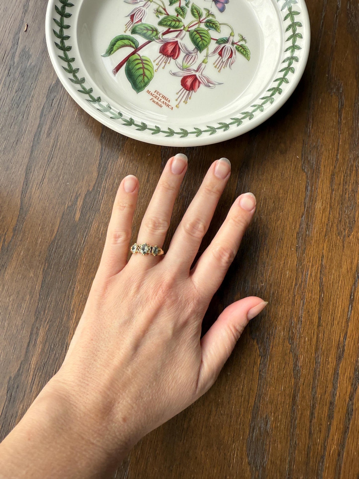 Antique Mossy Seafoam Blue Green Three Stone Georgian Era Ring with Ruby Spacers 18k Gold Solid 360 Engraved Shank Ball Rivet Halos