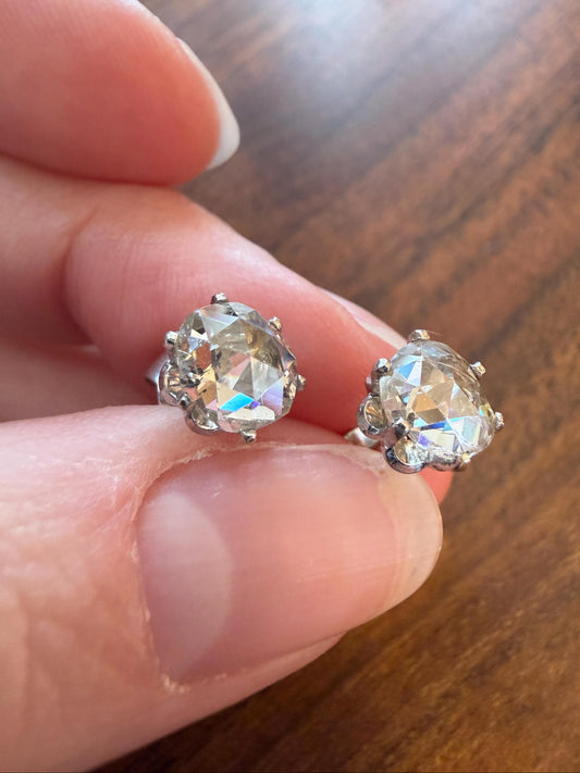 Antique Natural Rose Cut DIAMOND Stud EARRINGS 2 Carats Face Up 14k White Gold Solid Large Open Back