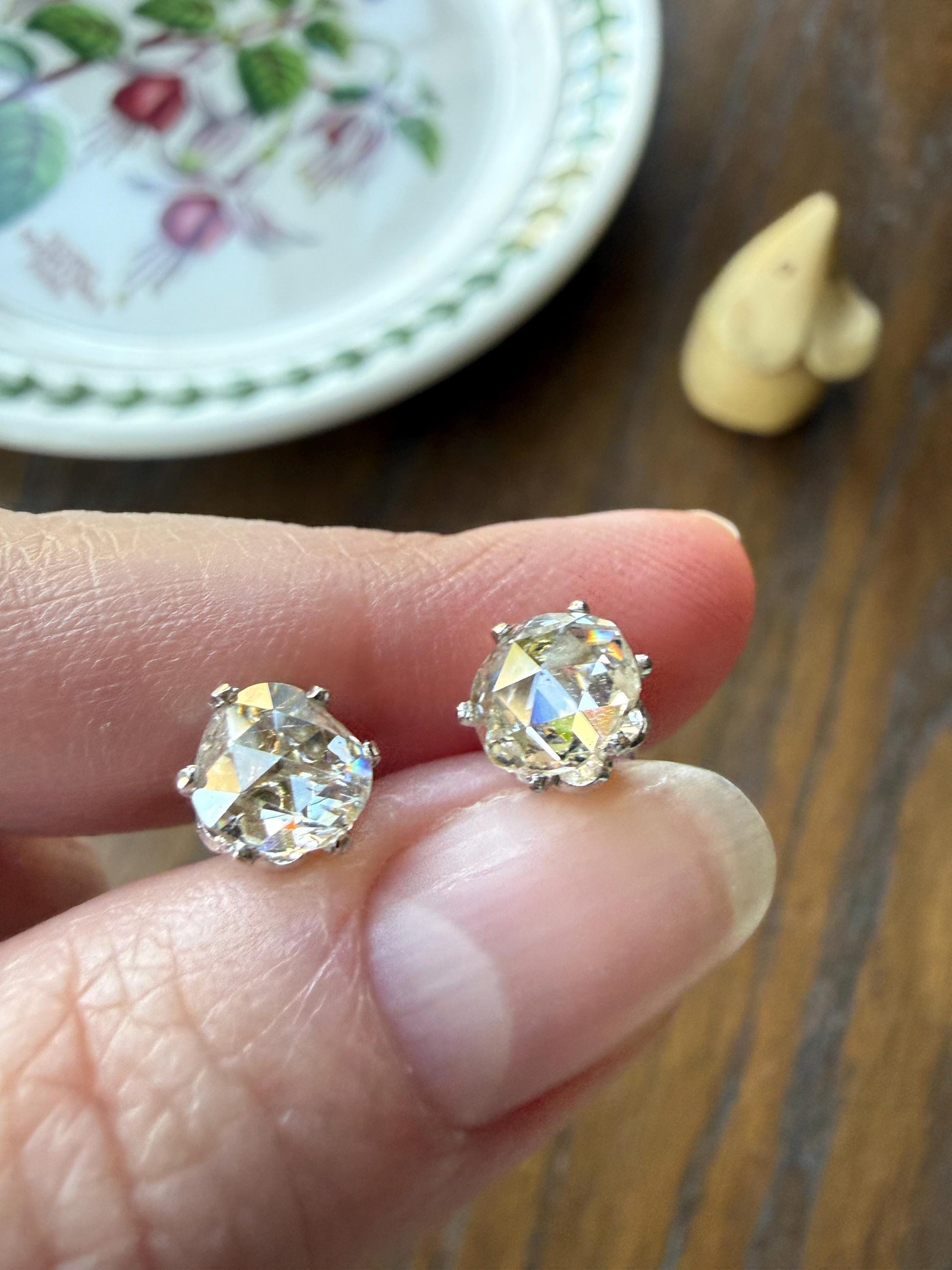 Antique Natural Rose Cut DIAMOND Stud EARRINGS 2 Carats Face Up 14k White Gold Solid Large Open Back
