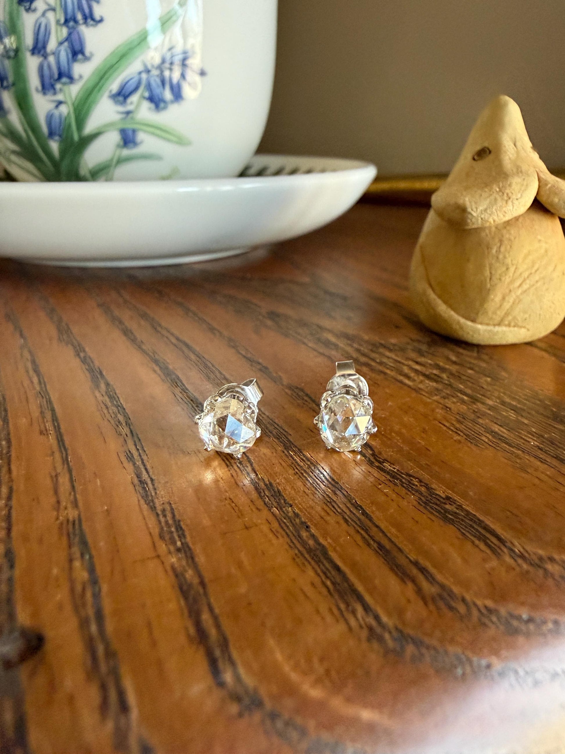 Antique Natural Rose Cut DIAMOND Stud EARRINGS 2 Carats Face Up 14k White Gold Solid Large Open Back