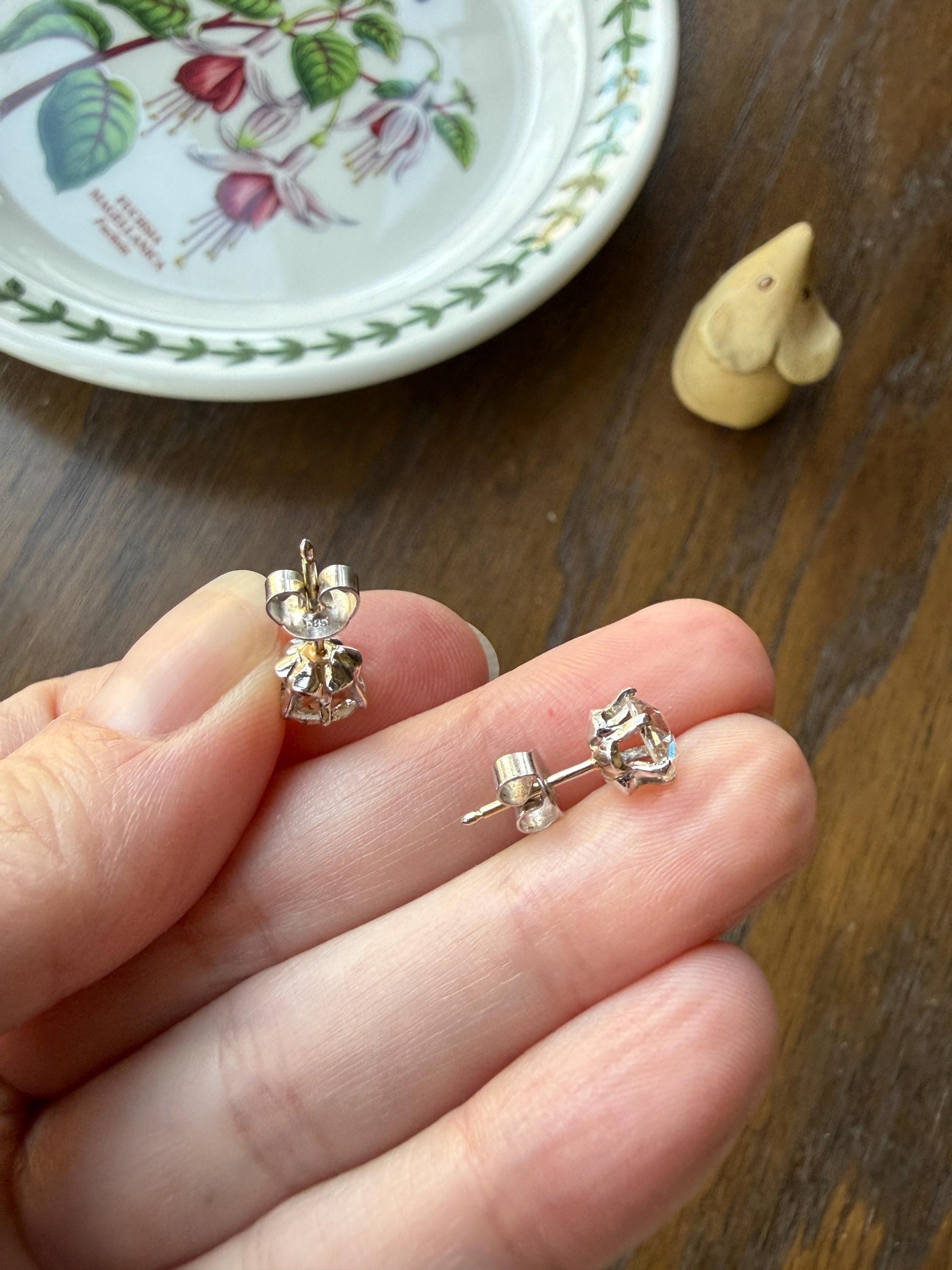 Antique Natural Rose Cut DIAMOND Stud EARRINGS 2 Carats Face Up 14k White Gold Solid Large Open Back
