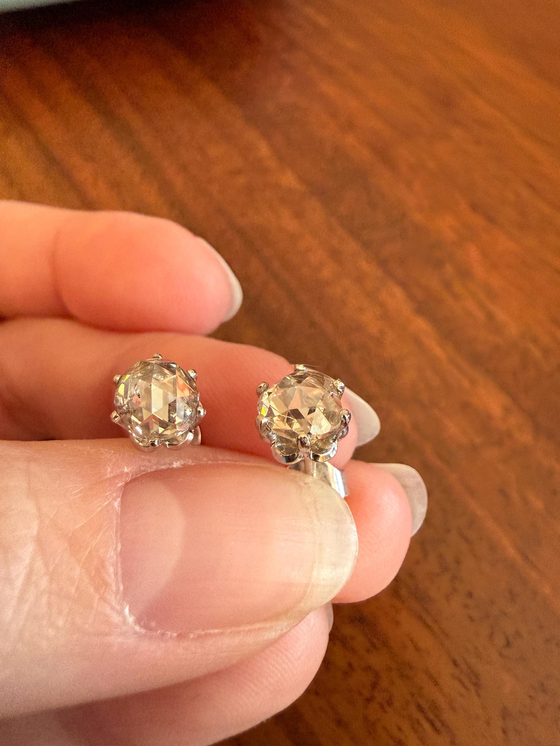 Antique Natural Rose Cut DIAMOND Stud EARRINGS 2 Carats Face Up 14k White Gold Solid Large Open Back