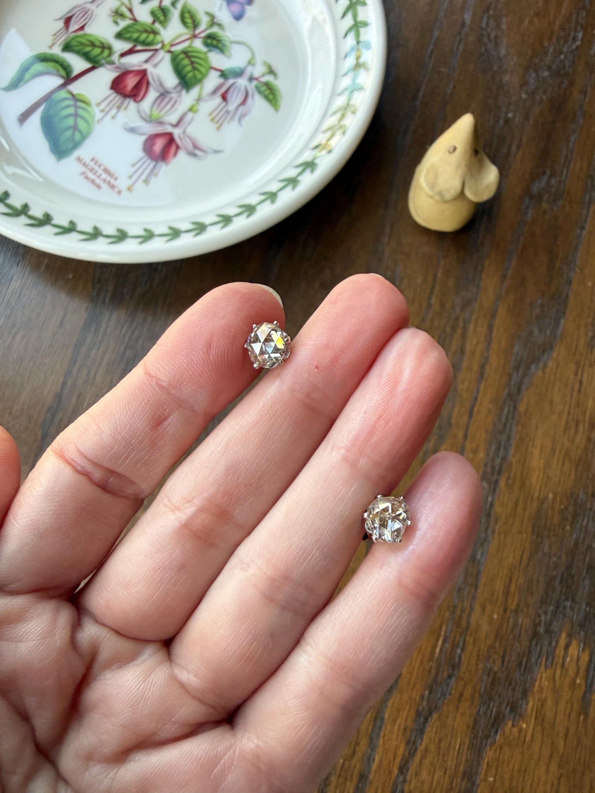 Antique Natural Rose Cut DIAMOND Stud EARRINGS 2 Carats Face Up 14k White Gold Solid Large Open Back