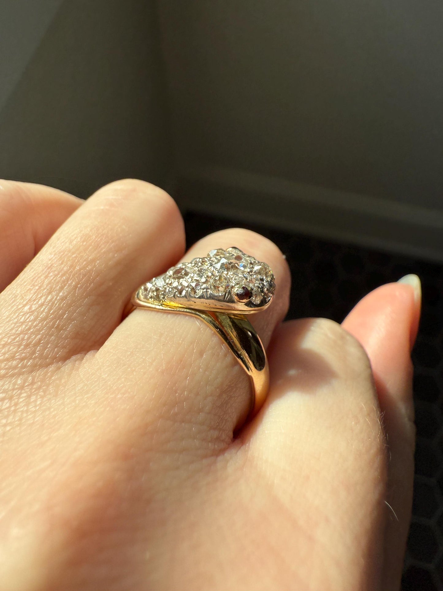 SNAKE Antique Figural Ring Chunky 1.5 Carat Rose Old Mine Cut Diamonds Encrusted Head Center Pear Ruby Eyes 18k Gold Solid 3D Band