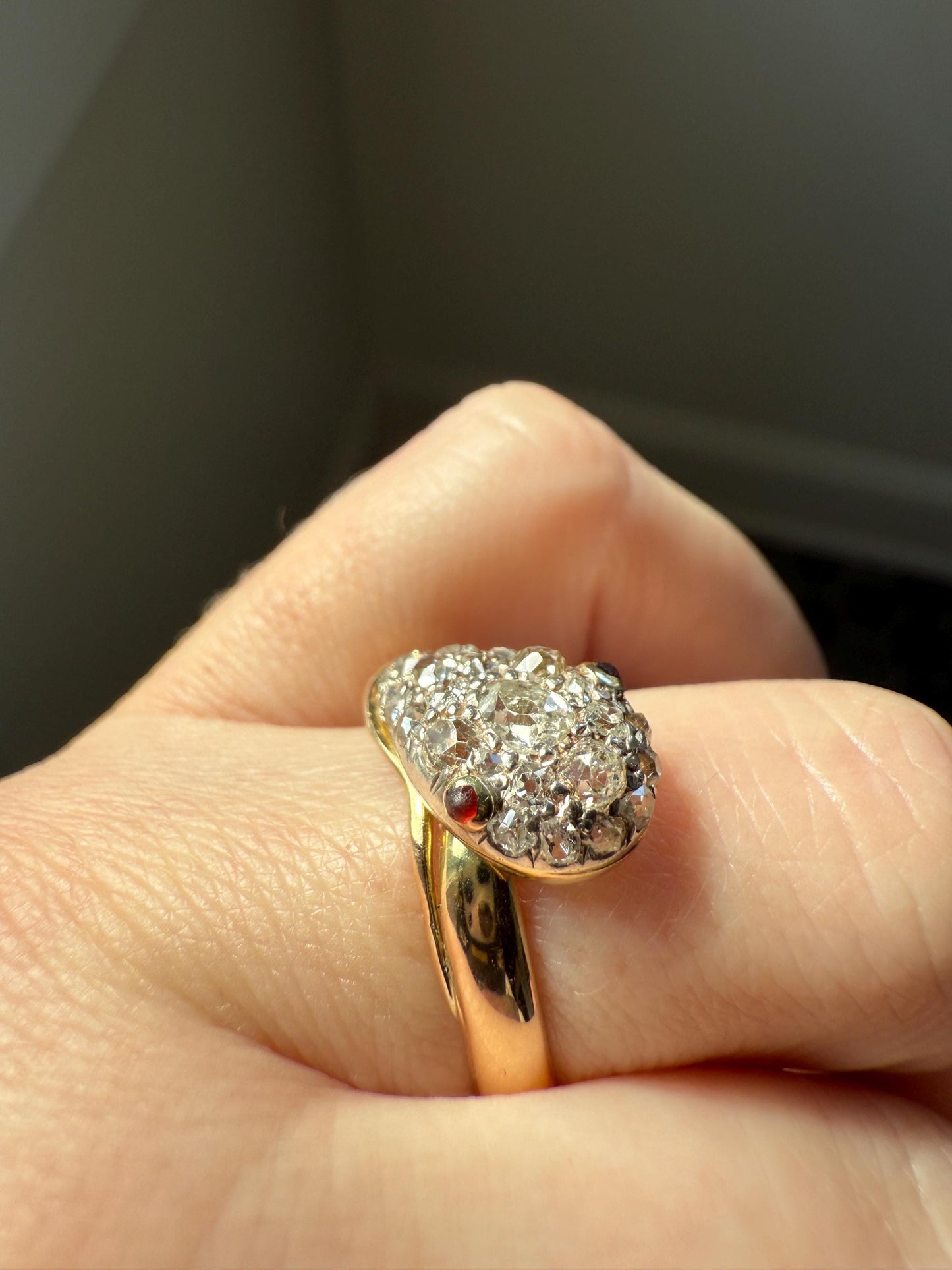 SNAKE Antique Figural Ring Chunky 1.5 Carat Rose Old Mine Cut Diamonds Encrusted Head Center Pear Ruby Eyes 18k Gold Solid 3D Band