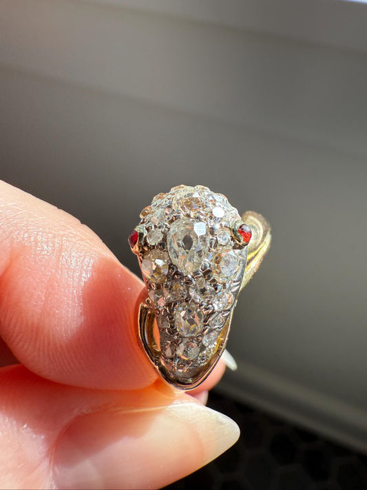 SNAKE Antique Figural Ring Chunky 1.5 Carat Rose Old Mine Cut Diamonds Encrusted Head Center Pear Ruby Eyes 18k Gold Solid 3D Band