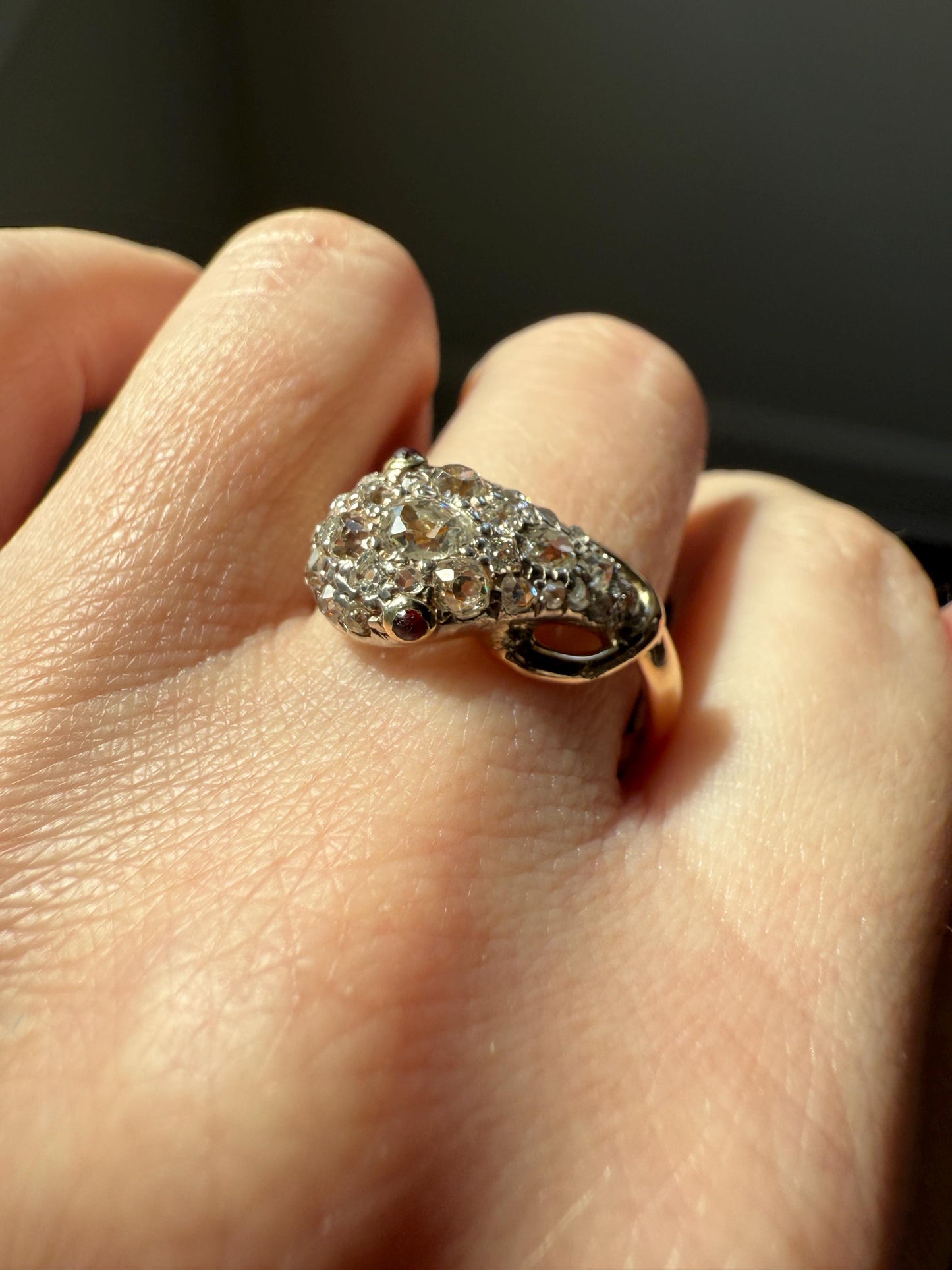 SNAKE Antique Figural Ring Chunky 1.5 Carat Rose Old Mine Cut Diamonds Encrusted Head Center Pear Ruby Eyes 18k Gold Solid 3D Band