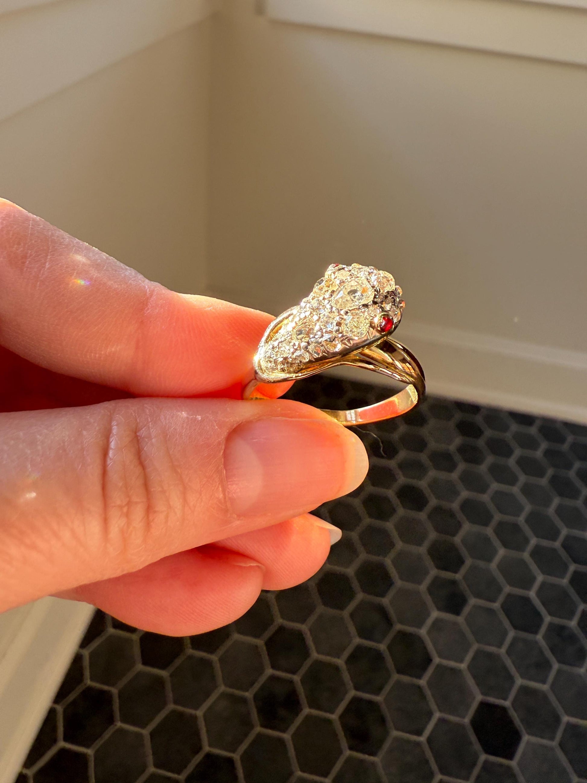 SNAKE Antique Figural Ring Chunky 1.5 Carat Rose Old Mine Cut Diamonds Encrusted Head Center Pear Ruby Eyes 18k Gold Solid 3D Band
