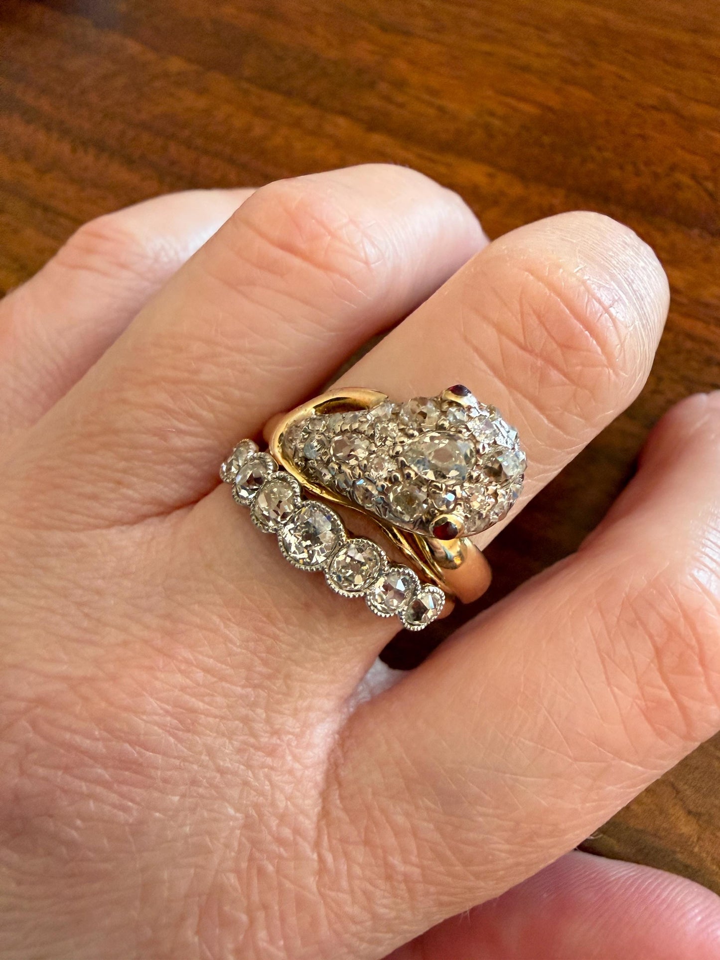 SNAKE Antique Figural Ring Chunky 1.5 Carat Rose Old Mine Cut Diamonds Encrusted Head Center Pear Ruby Eyes 18k Gold Solid 3D Band