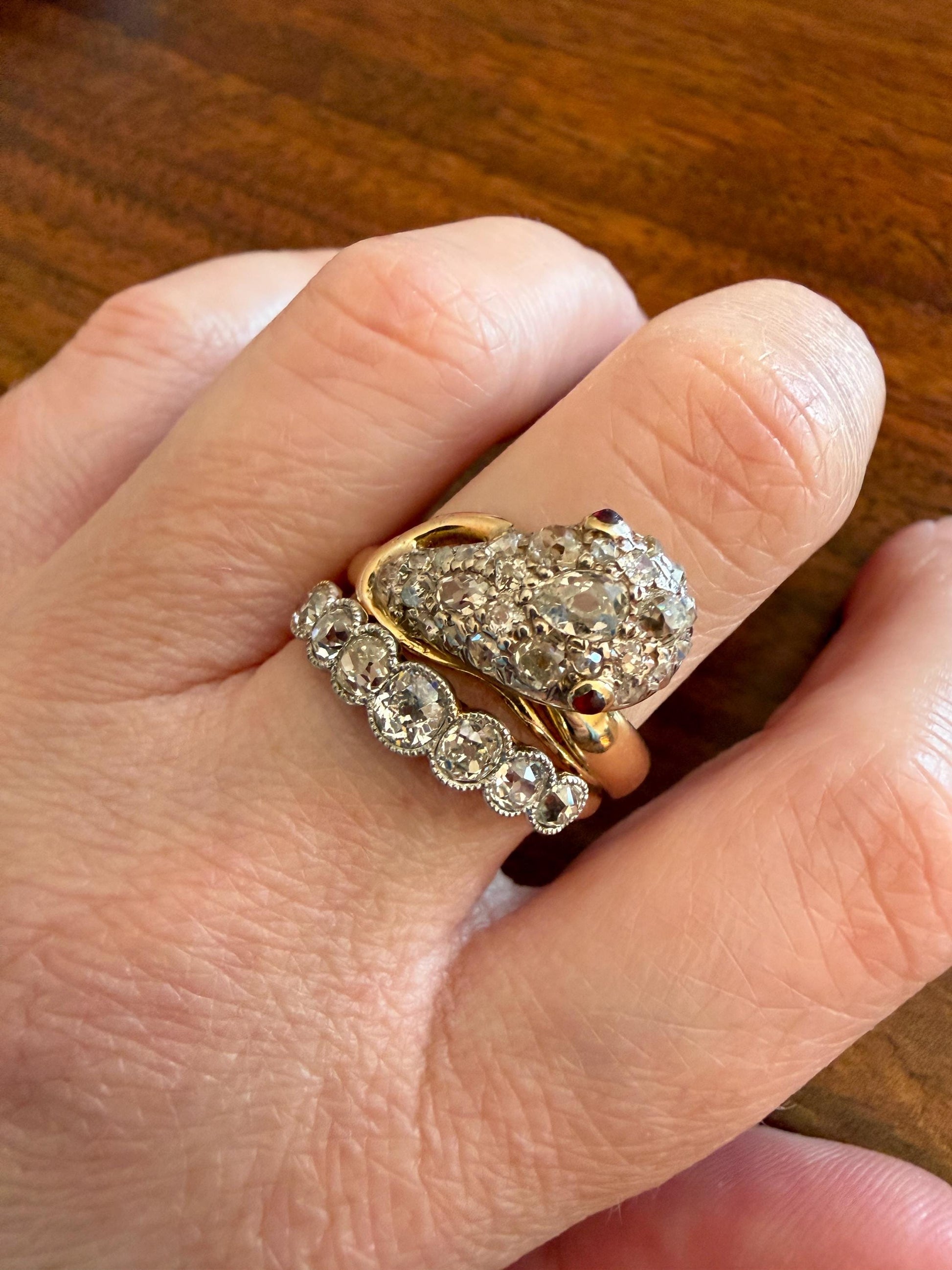 SNAKE Antique Figural Ring Chunky 1.5 Carat Rose Old Mine Cut Diamonds Encrusted Head Center Pear Ruby Eyes 18k Gold Solid 3D Band