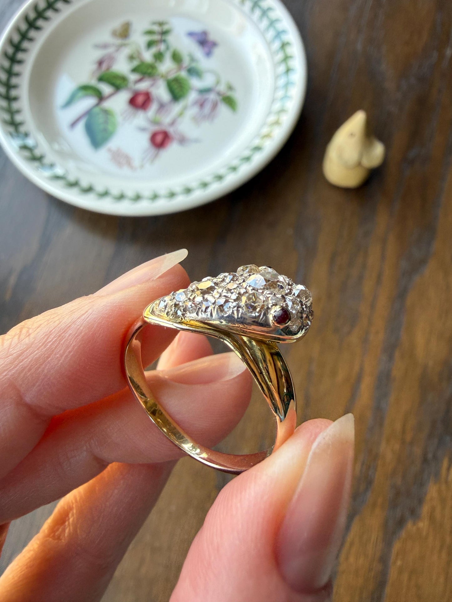 SNAKE Antique Figural Ring Chunky 1.5 Carat Rose Old Mine Cut Diamonds Encrusted Head Center Pear Ruby Eyes 18k Gold Solid 3D Band