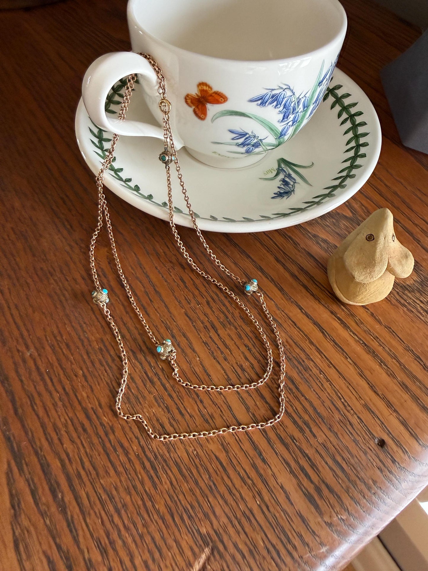 Victorian Antique TURQUOISE Station Chain Etruscan Revival 9k Rosy Gold Long Guard Muff Necklace