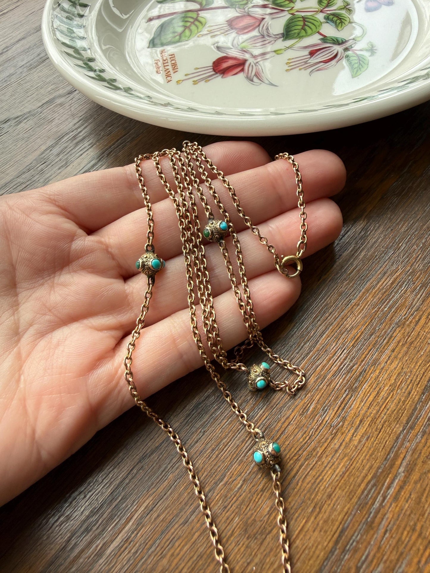 Victorian Antique TURQUOISE Station Chain Etruscan Revival 9k Rosy Gold Long Guard Muff Necklace