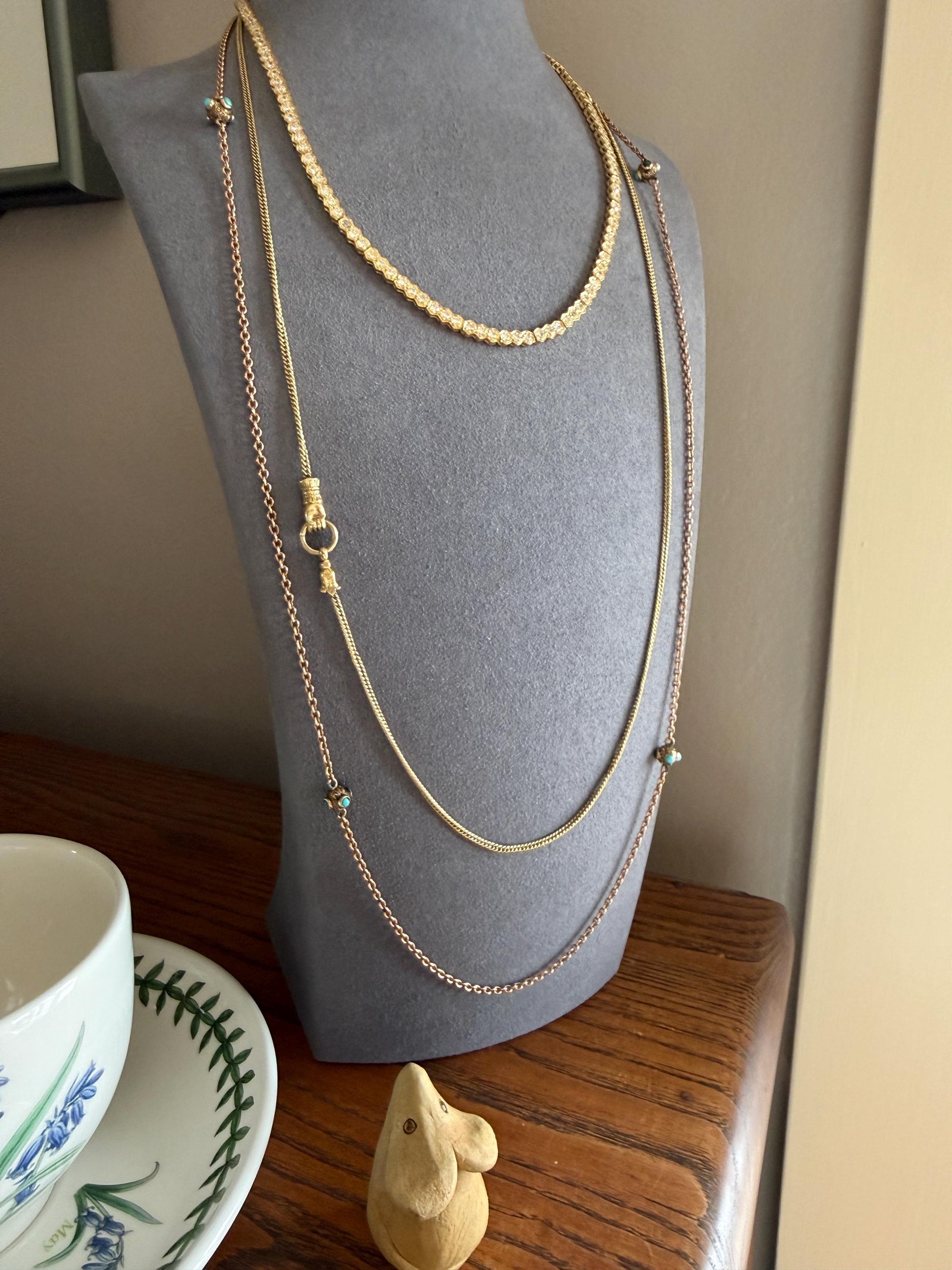 Victorian Antique TURQUOISE Station Chain Etruscan Revival 9k Rosy Gold Long Guard Muff Necklace