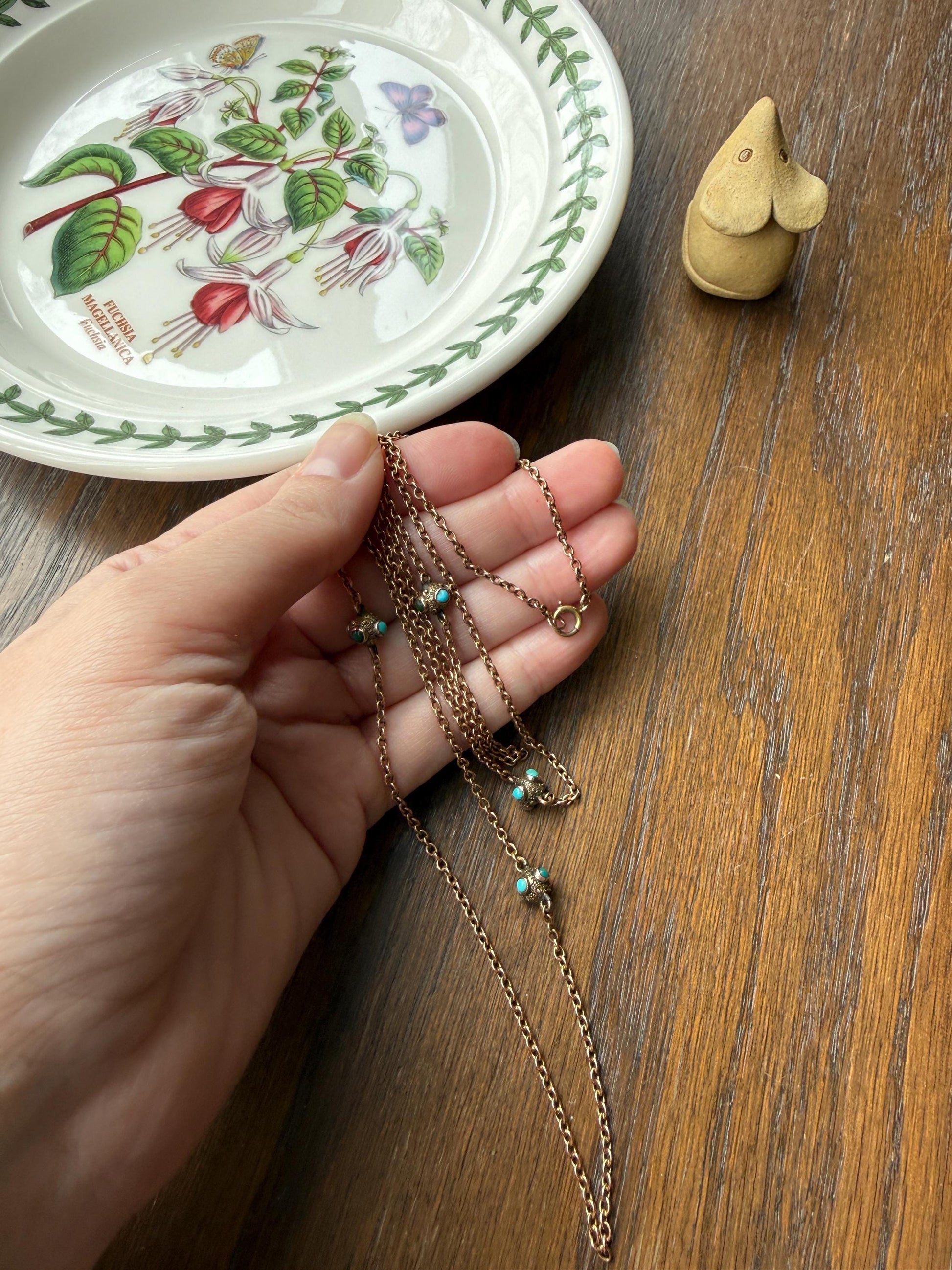 Victorian Antique TURQUOISE Station Chain Etruscan Revival 9k Rosy Gold Long Guard Muff Necklace