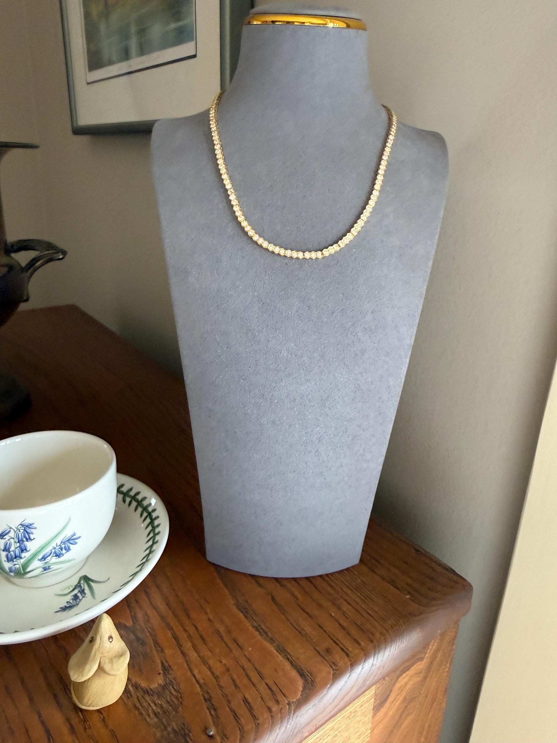 HEXAGON Vintage 5.4 Carats Natural Diamond Riviera Eternity Chain Geometric Honeycomb 24.1g 18k Gold Solid Tennis Necklace 5.4Ctw
