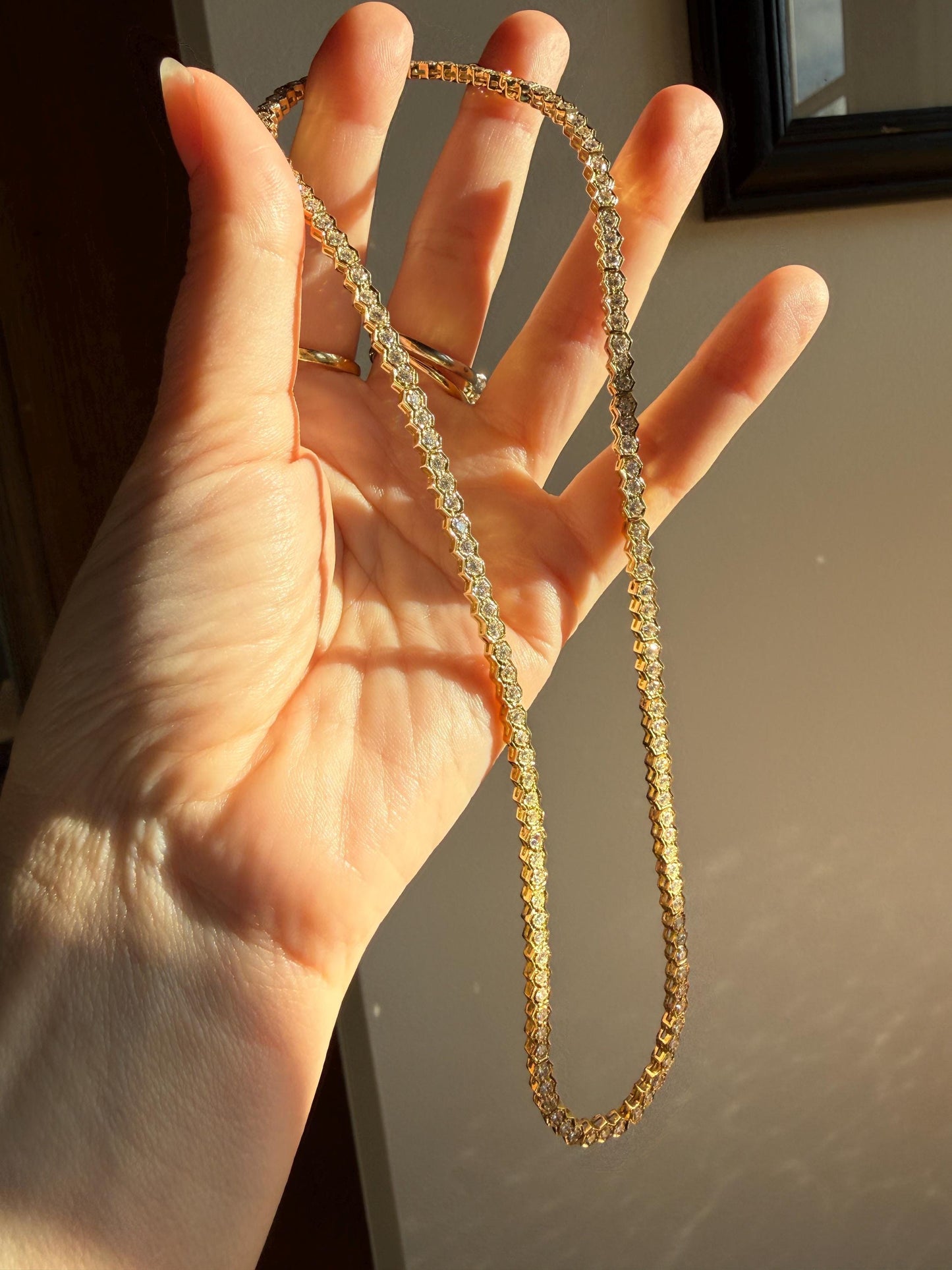 HEXAGON Vintage 5.4 Carats Natural Diamond Riviera Eternity Chain Geometric Honeycomb 24.1g 18k Gold Solid Tennis Necklace 5.4Ctw