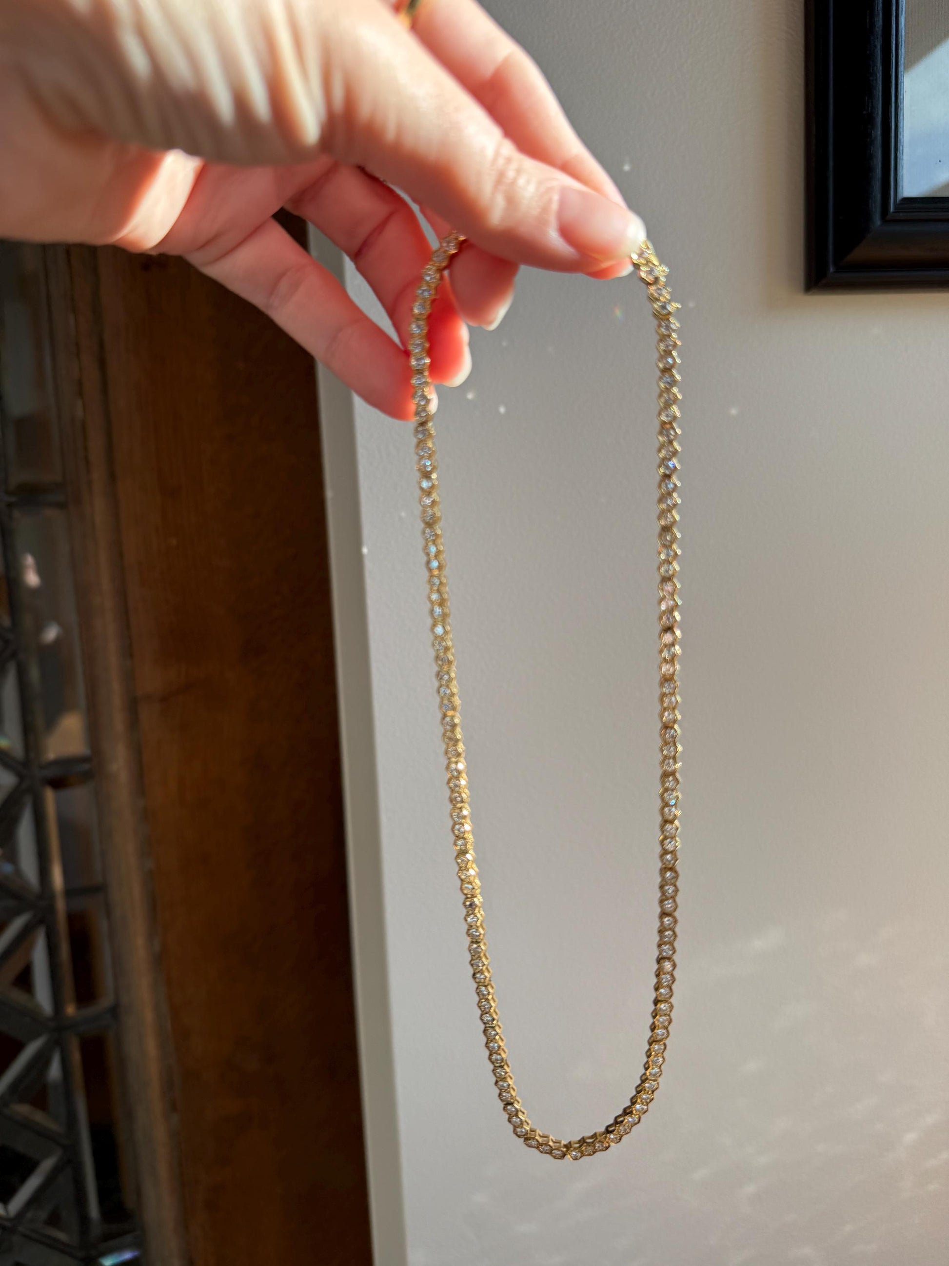 HEXAGON Vintage 5.4 Carats Natural Diamond Riviera Eternity Chain Geometric Honeycomb 24.1g 18k Gold Solid Tennis Necklace 5.4Ctw