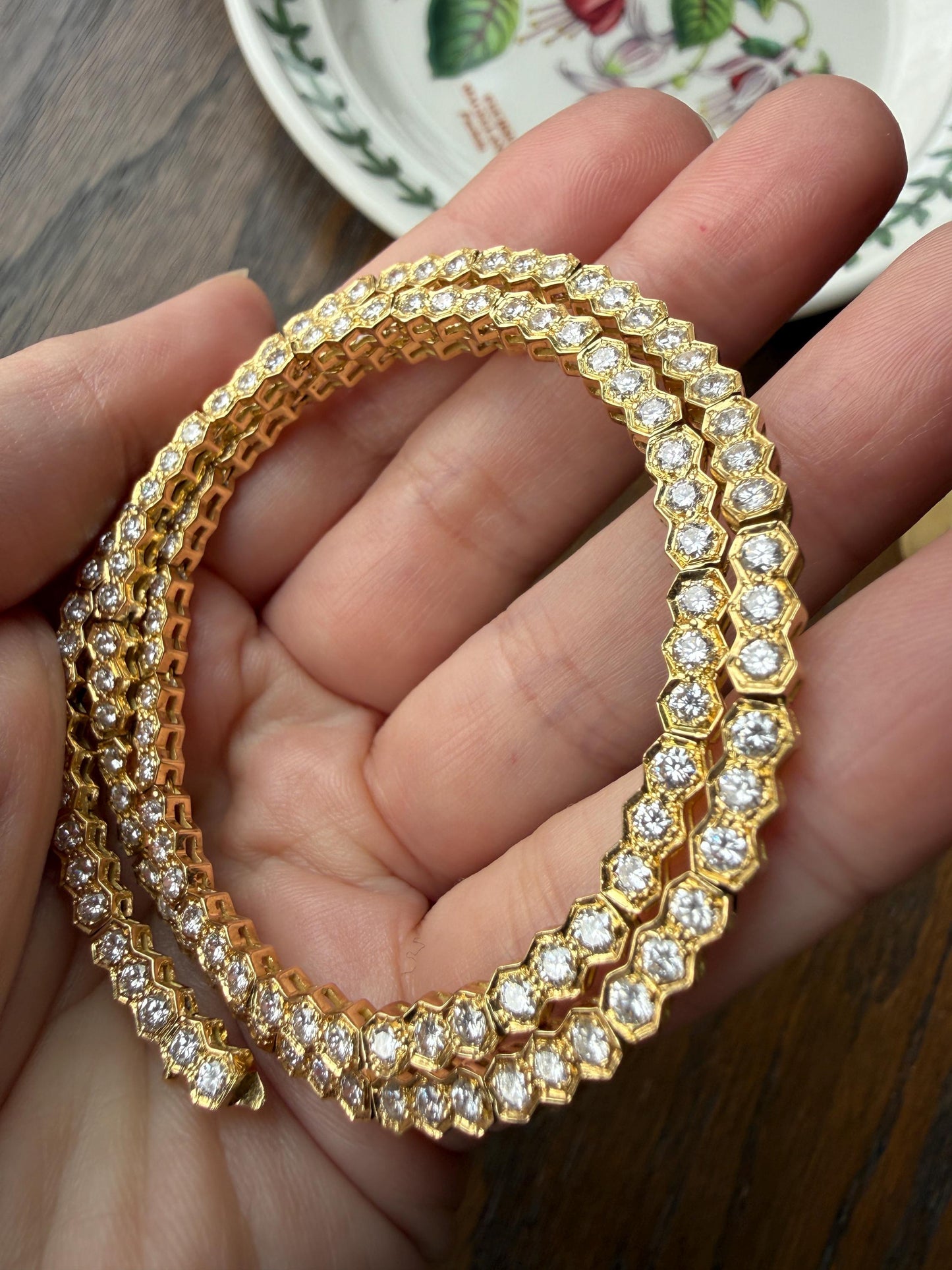 HEXAGON Vintage 5.4 Carats Natural Diamond Riviera Eternity Chain Geometric Honeycomb 24.1g 18k Gold Solid Tennis Necklace 5.4Ctw