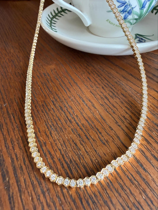 HEXAGON Vintage 5.4 Carats Natural Diamond Riviera Eternity Chain Geometric Honeycomb 24.1g 18k Gold Solid Tennis Necklace 5.4Ctw