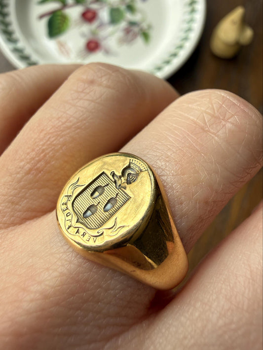 ACORNS True Faith Genuine Trust 18k Gold Count CROWN French Nobility Antique Shield SIGNET Ring Heraldic Crest Chunky Coat of Arm Man Unisex