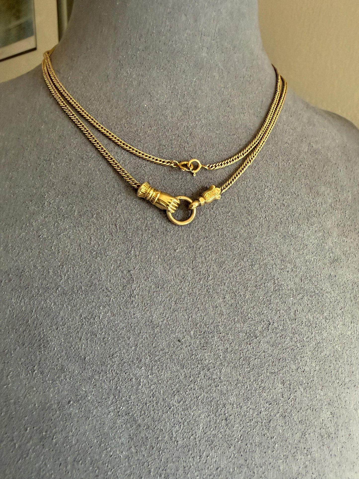 FIST Antique VICTORIAN Necklace Pendant Holder 11.2g 14k Pale Gold Solid Figural Curb Chain Hand