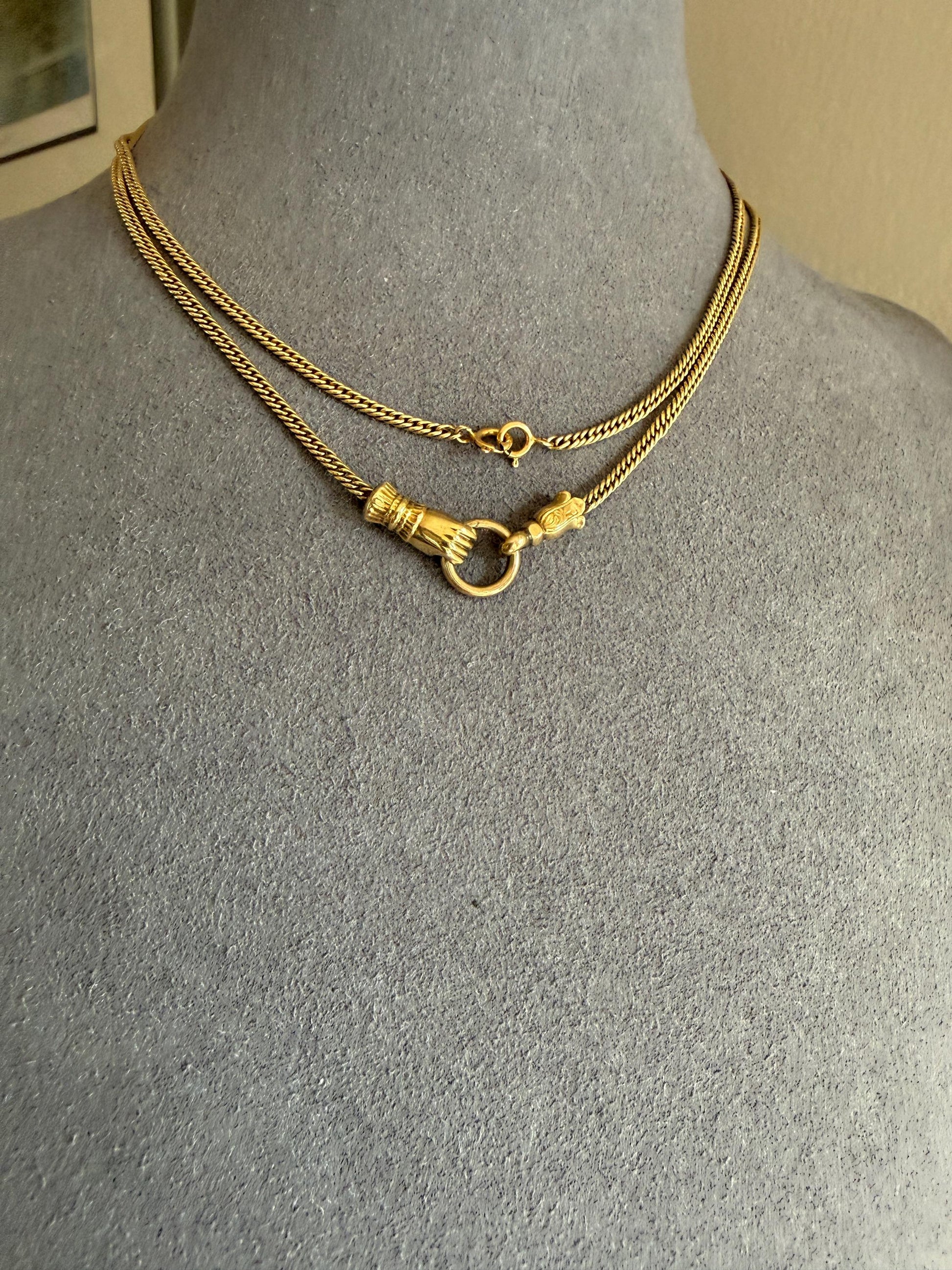 FIST Antique VICTORIAN Necklace Pendant Holder 11.2g 14k Pale Gold Solid Figural Curb Chain Hand