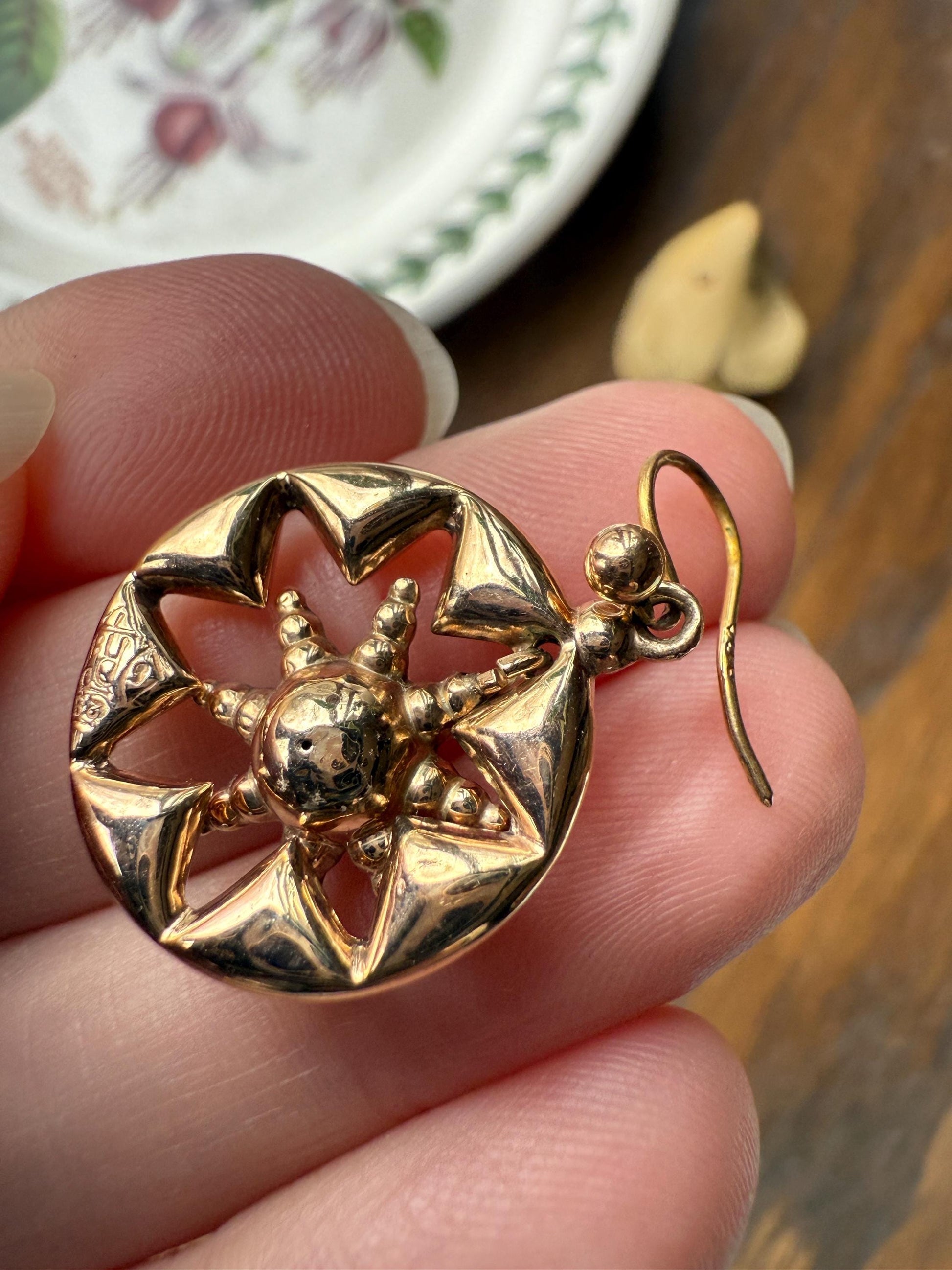 Antique STAR Sunburst Victorian Puffy Starburst 3D Victorian 9k GOLD EARRINGS Figural Ball Rivet