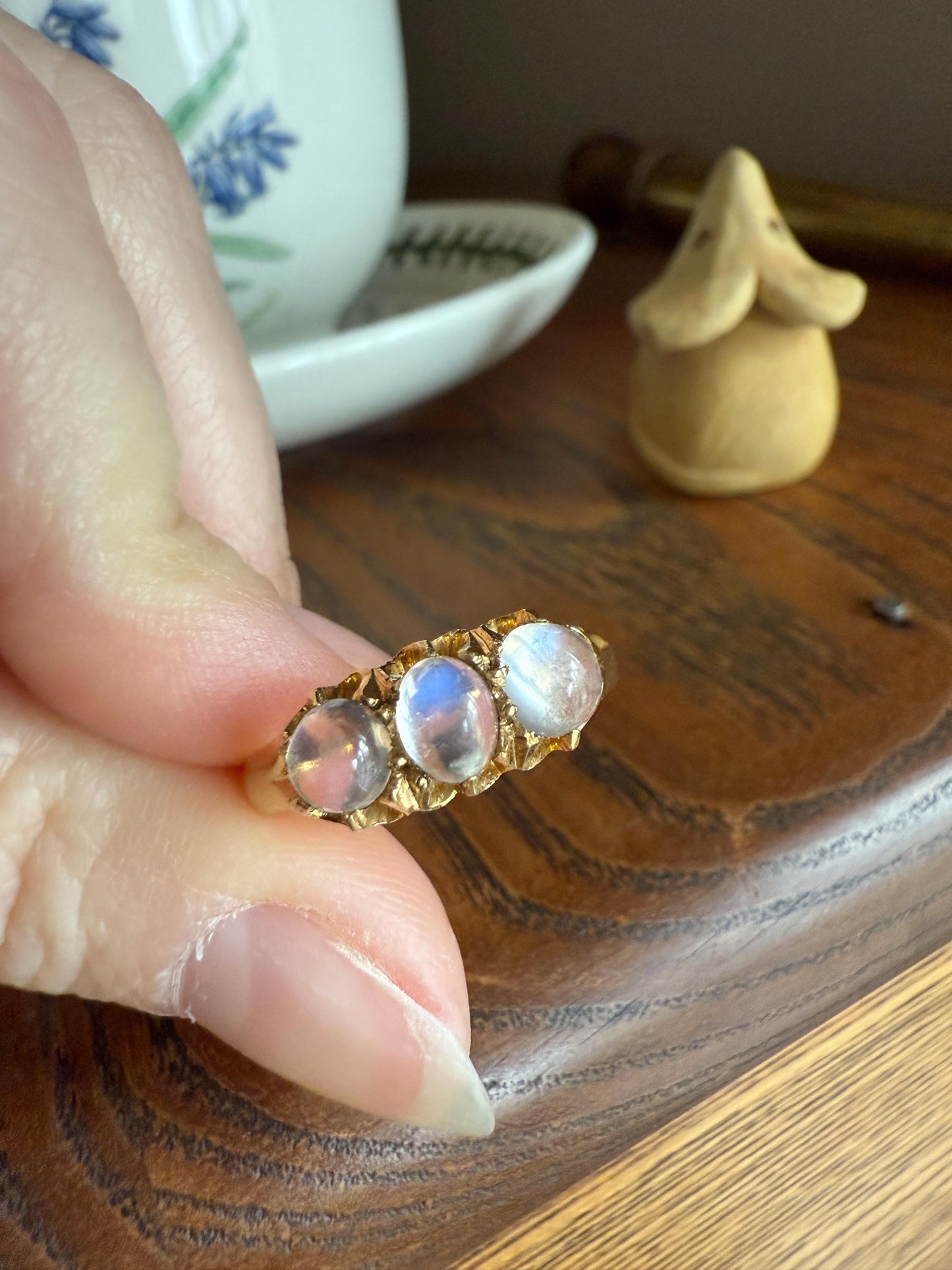 Antique Glowing Blue MOONSTONE Orb Three Stone 18k Gold Belcher Band Ring Man Unisex Stacker