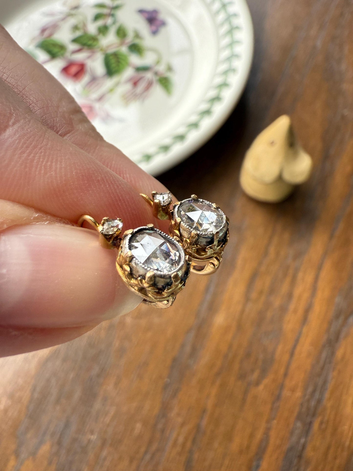 FRENCH Antique One Carat Tdw Face Up Open Back Rose Cut DIAMOND Fleur de Lis Crown Prong Earrings 18k Gold Victorian Dangle Dormeuse
