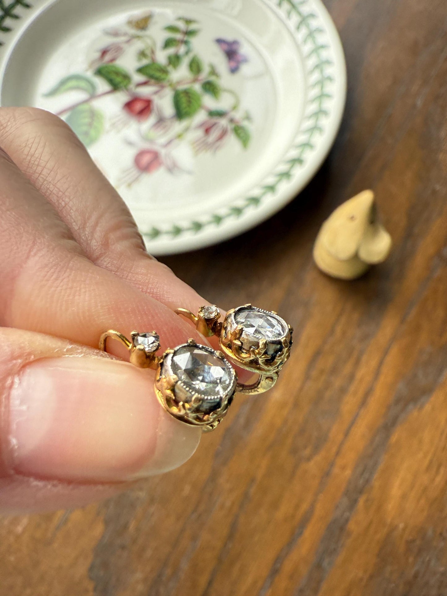 FRENCH Antique One Carat Tdw Face Up Open Back Rose Cut DIAMOND Fleur de Lis Crown Prong Earrings 18k Gold Victorian Dangle Dormeuse